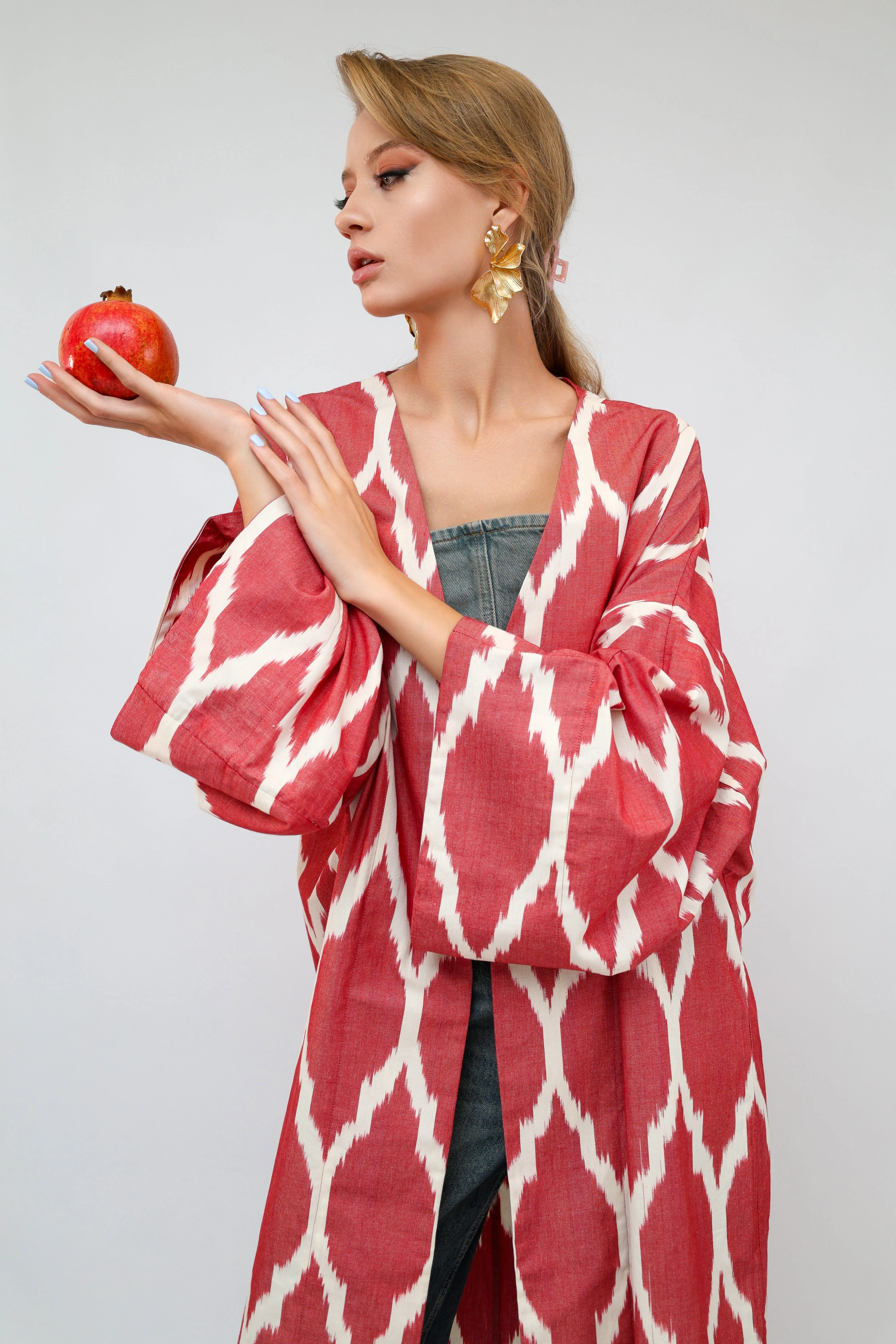 100% Cotton Red Maxi Ikat Kimono No Feathers