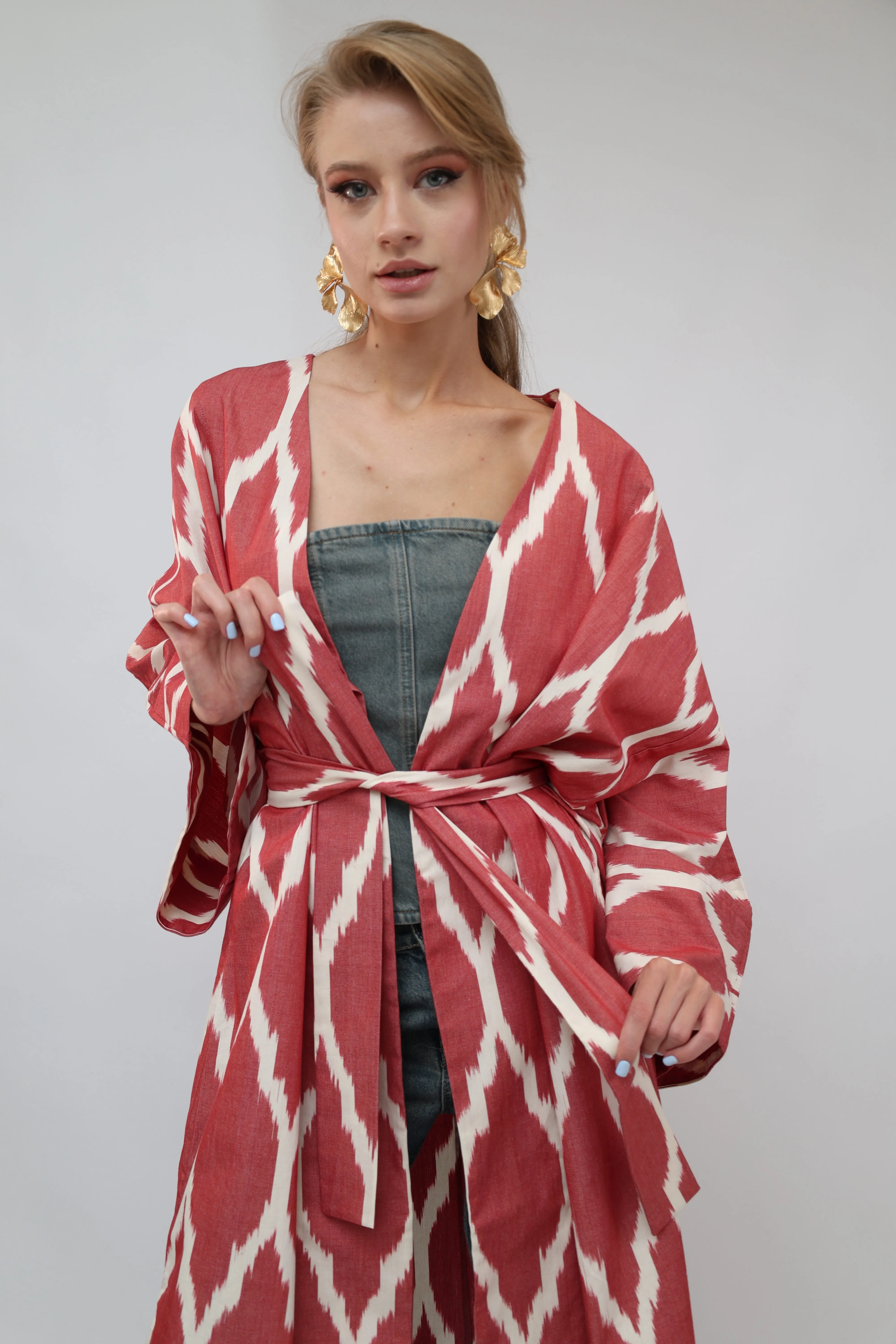 100% Cotton Red Maxi Ikat Kimono No Feathers