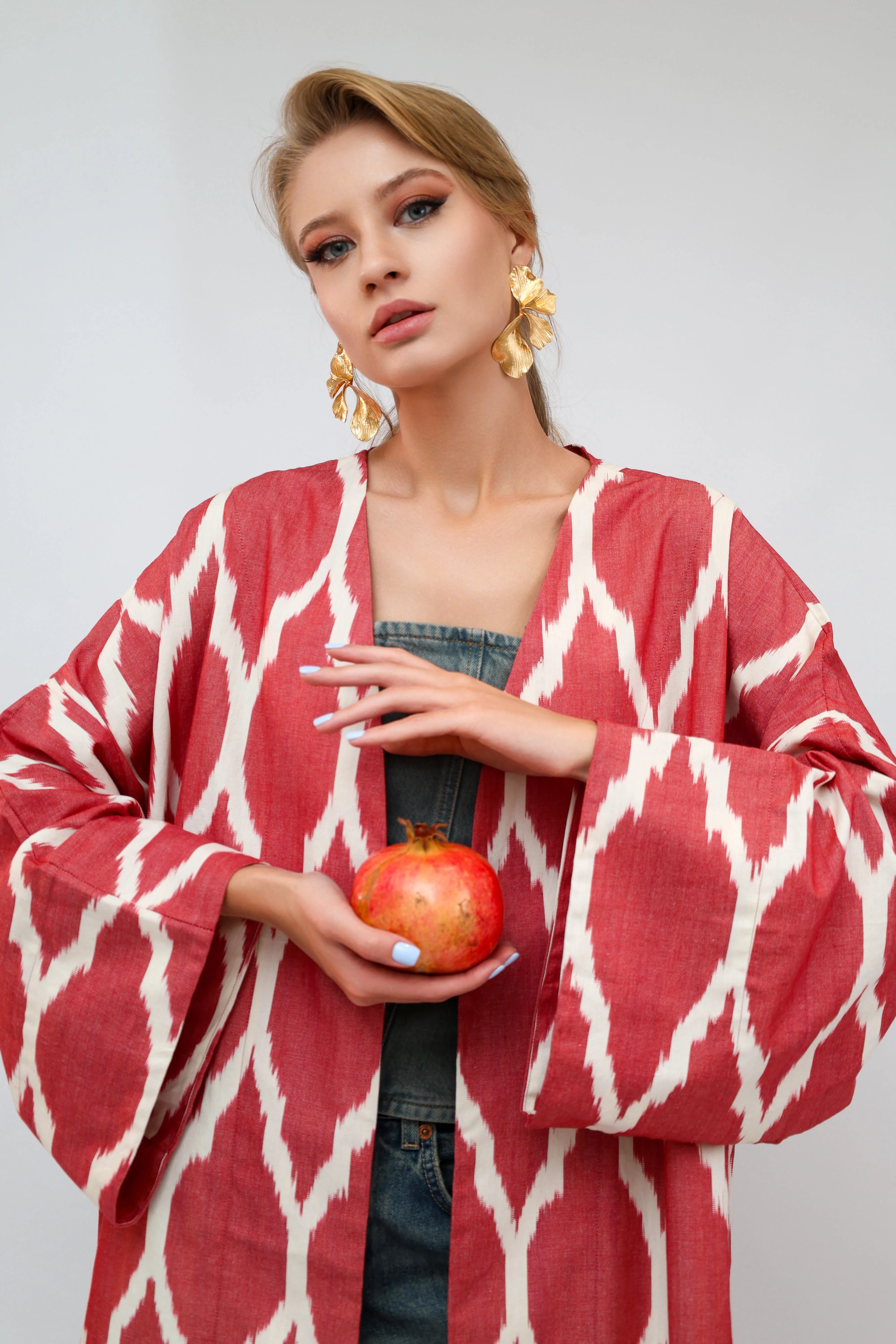 100% Cotton Red Maxi Ikat Kimono No Feathers