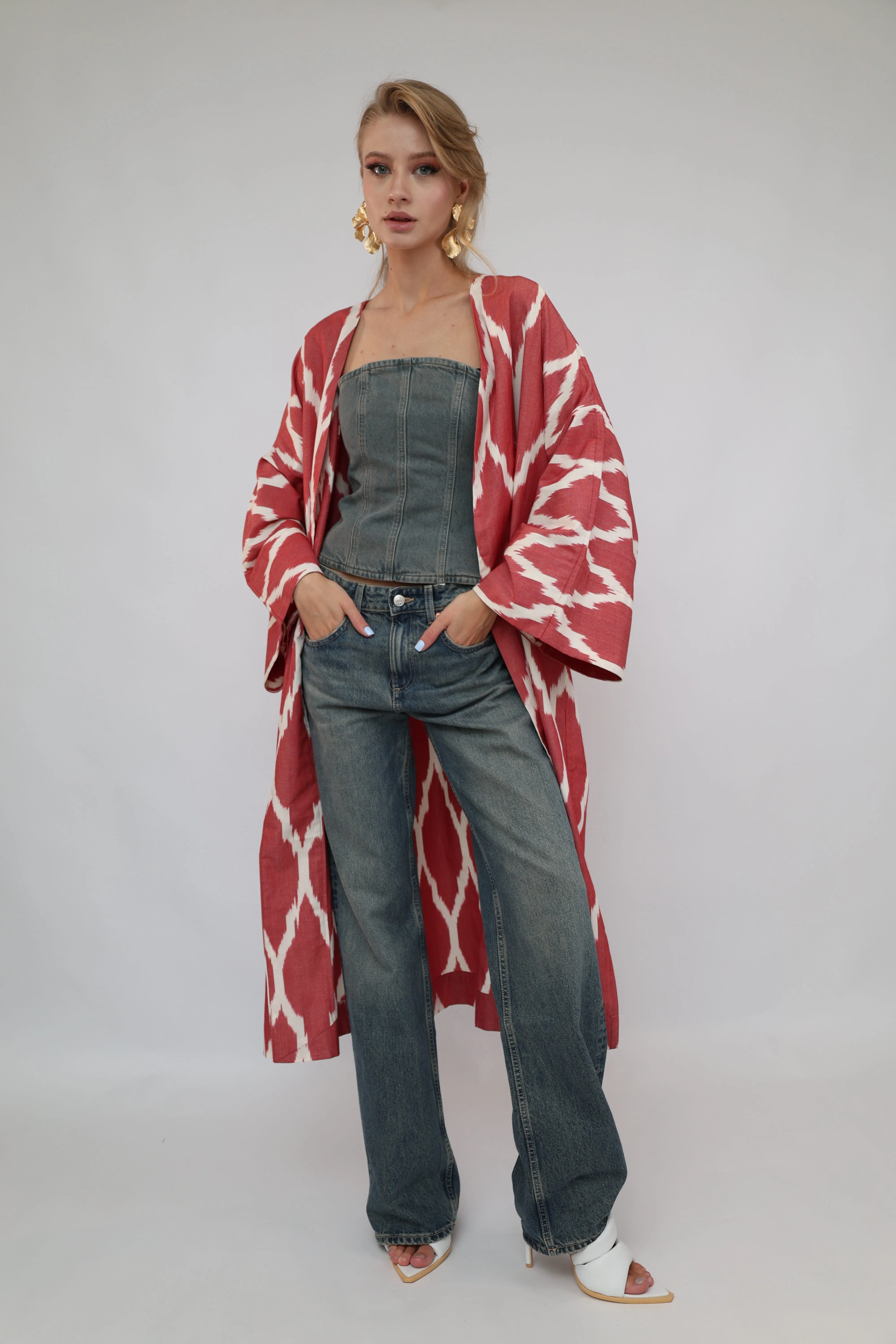 100% Cotton Red Maxi Ikat Kimono No Feathers