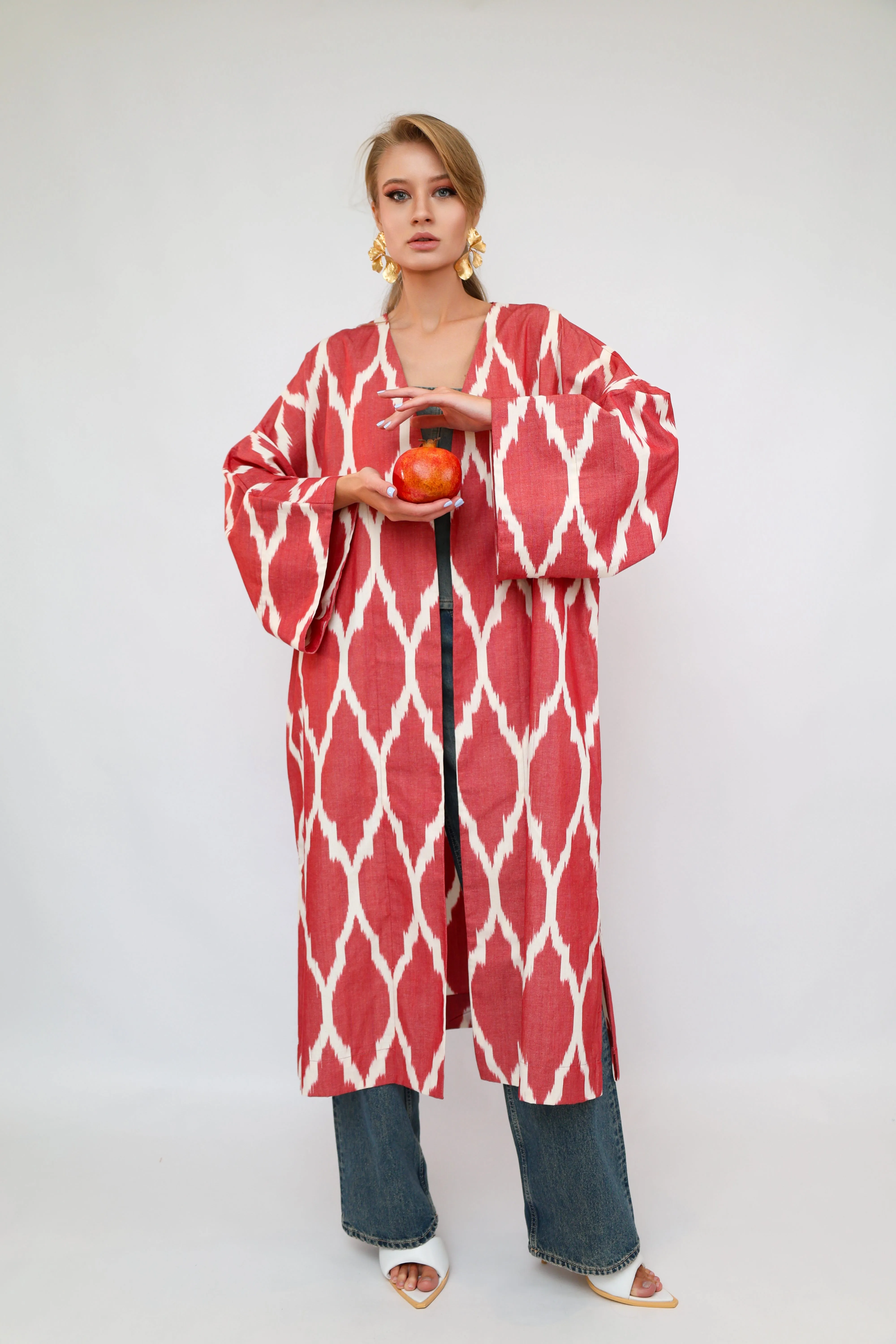 100% Cotton Red Maxi Ikat Kimono No Feathers