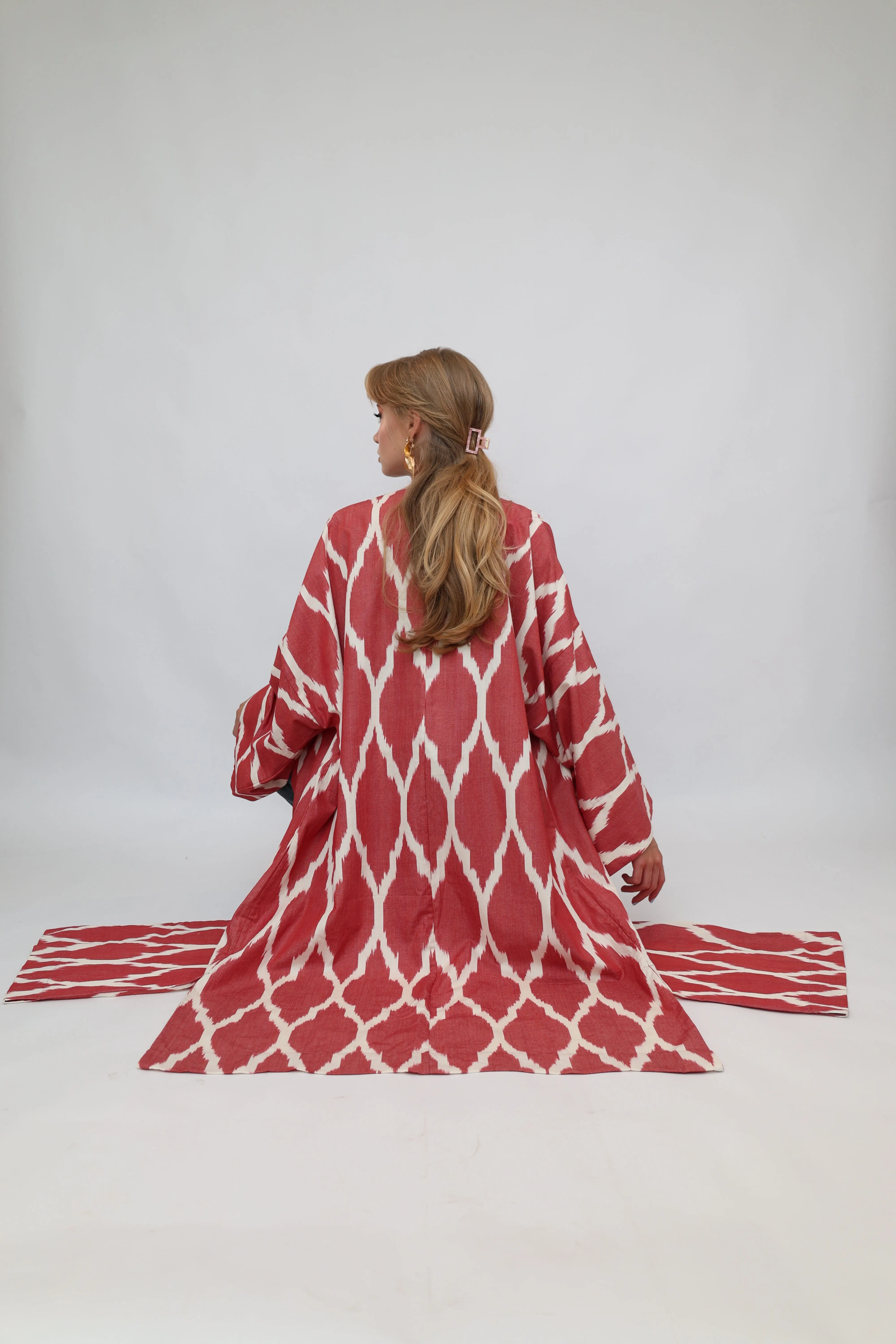 100% Cotton Red Maxi Ikat Kimono No Feathers