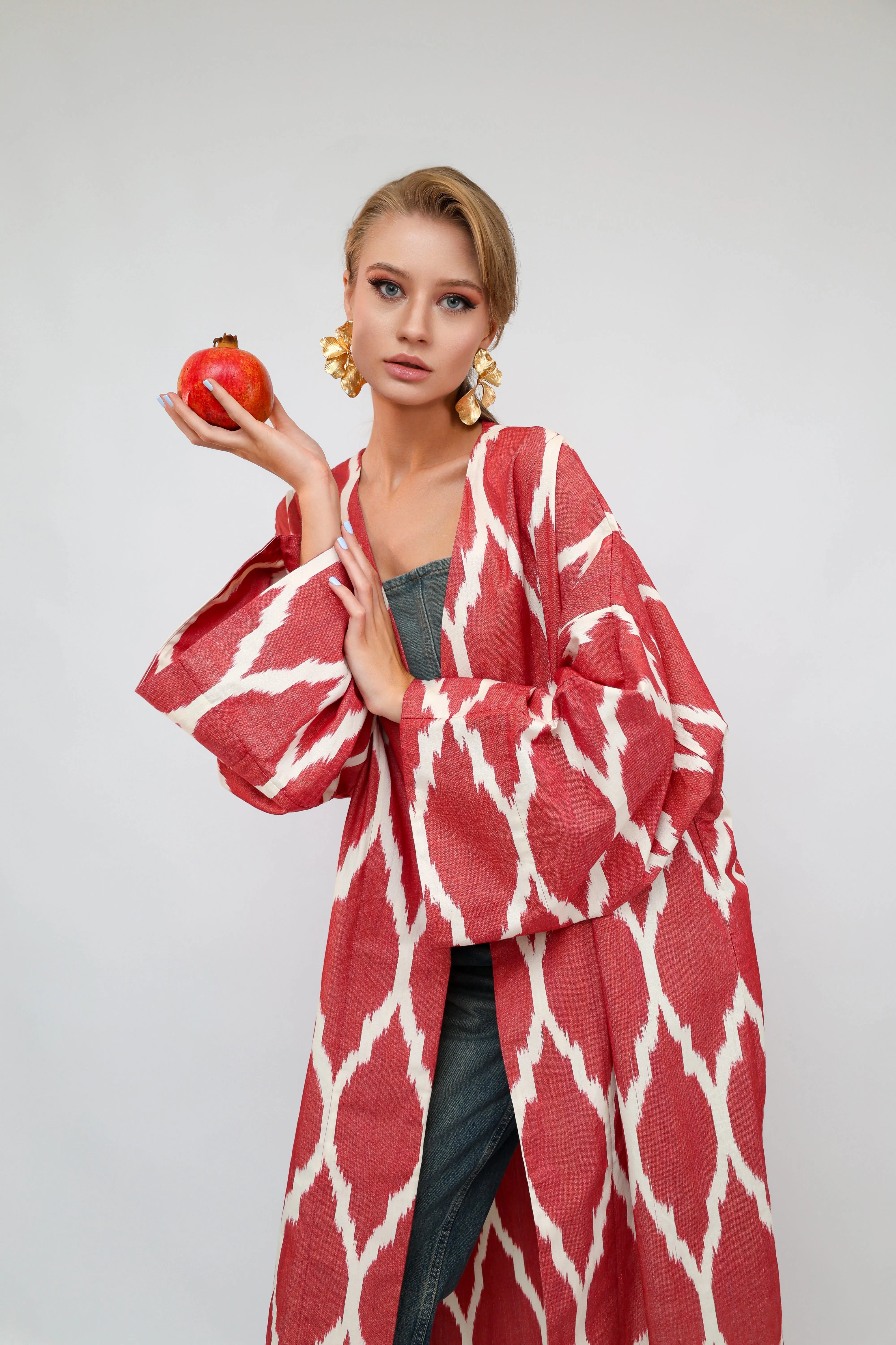 100% Cotton Red Maxi Ikat Kimono No Feathers