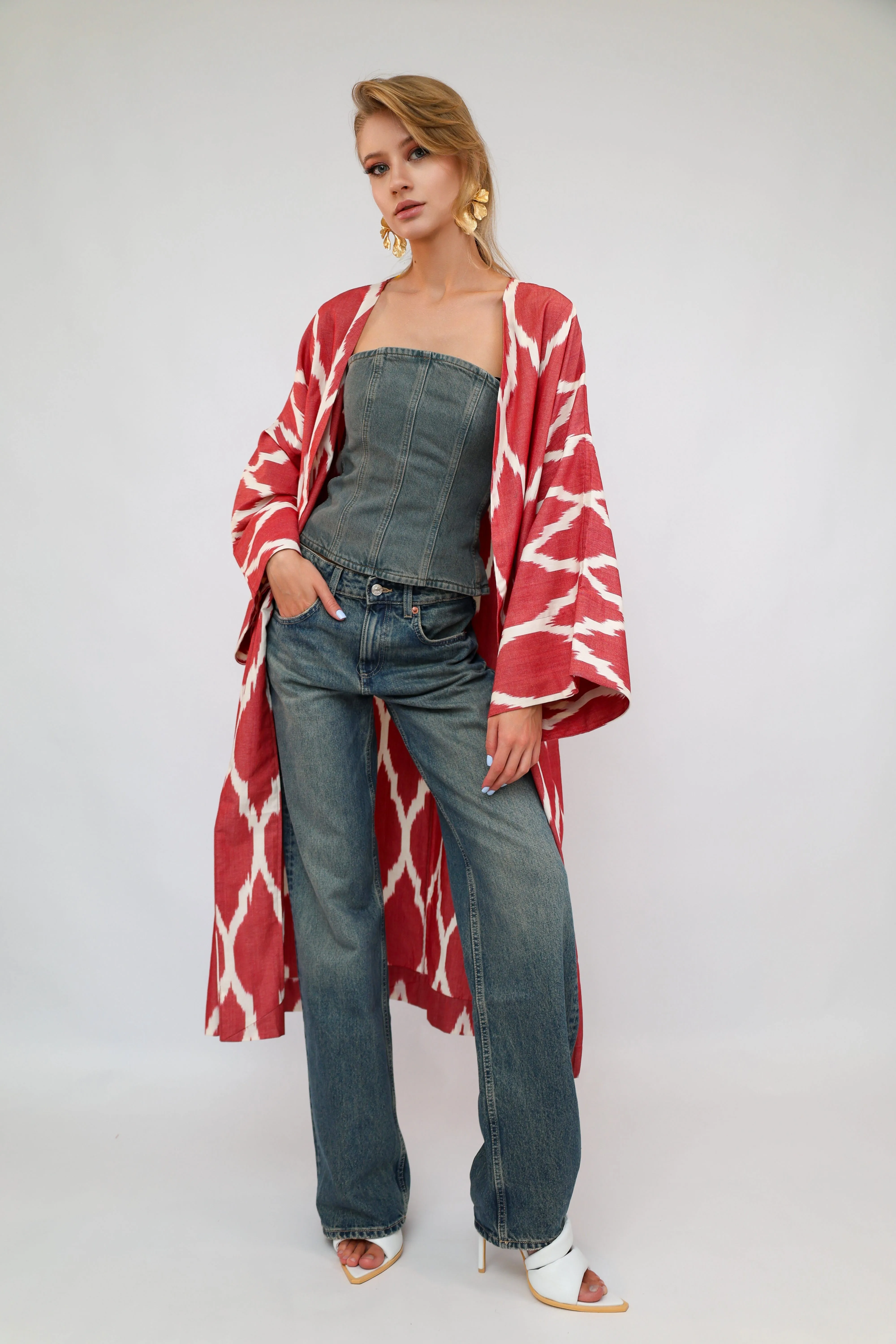 100% Cotton Red Maxi Ikat Kimono No Feathers