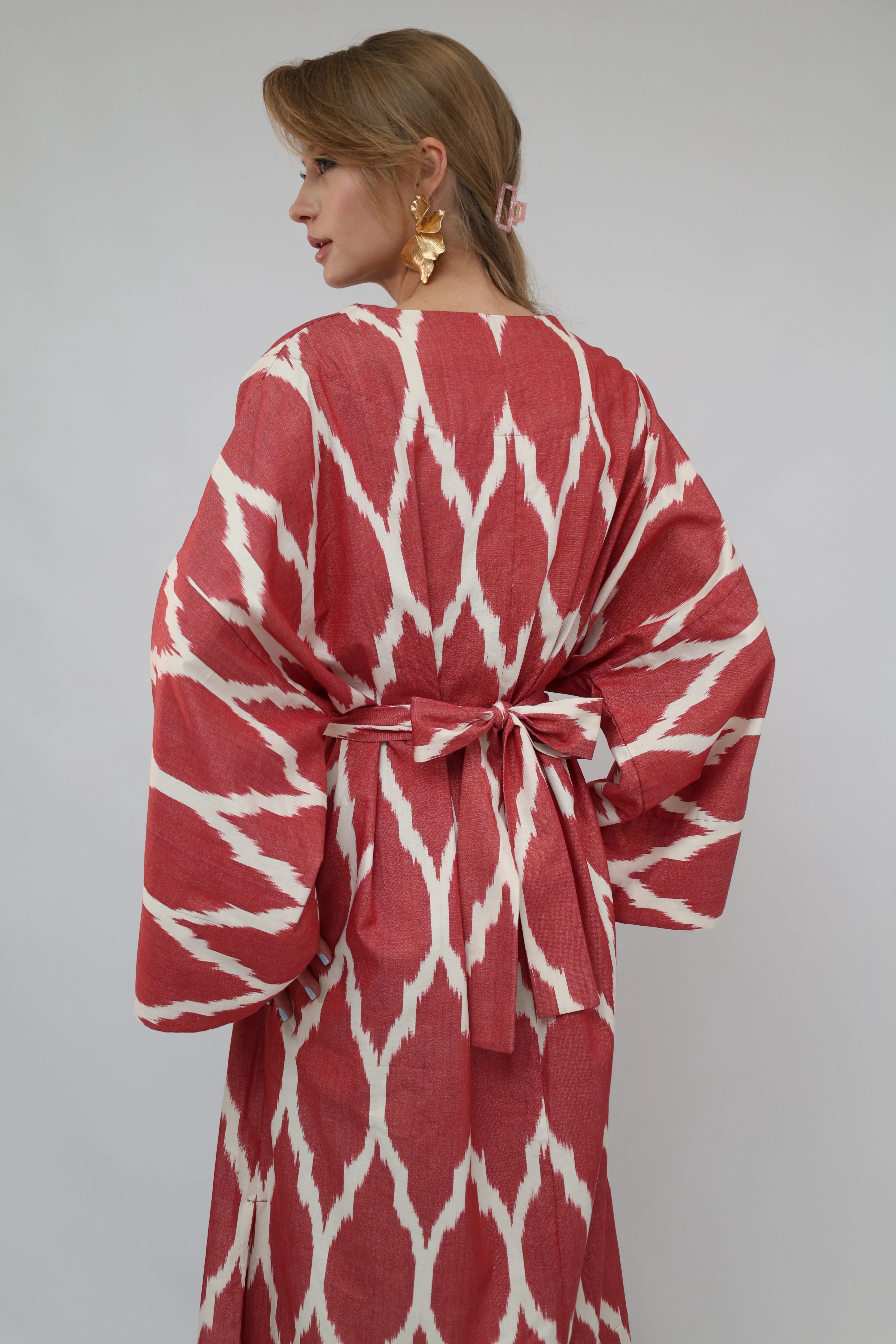 100% Cotton Red Maxi Ikat Kimono No Feathers