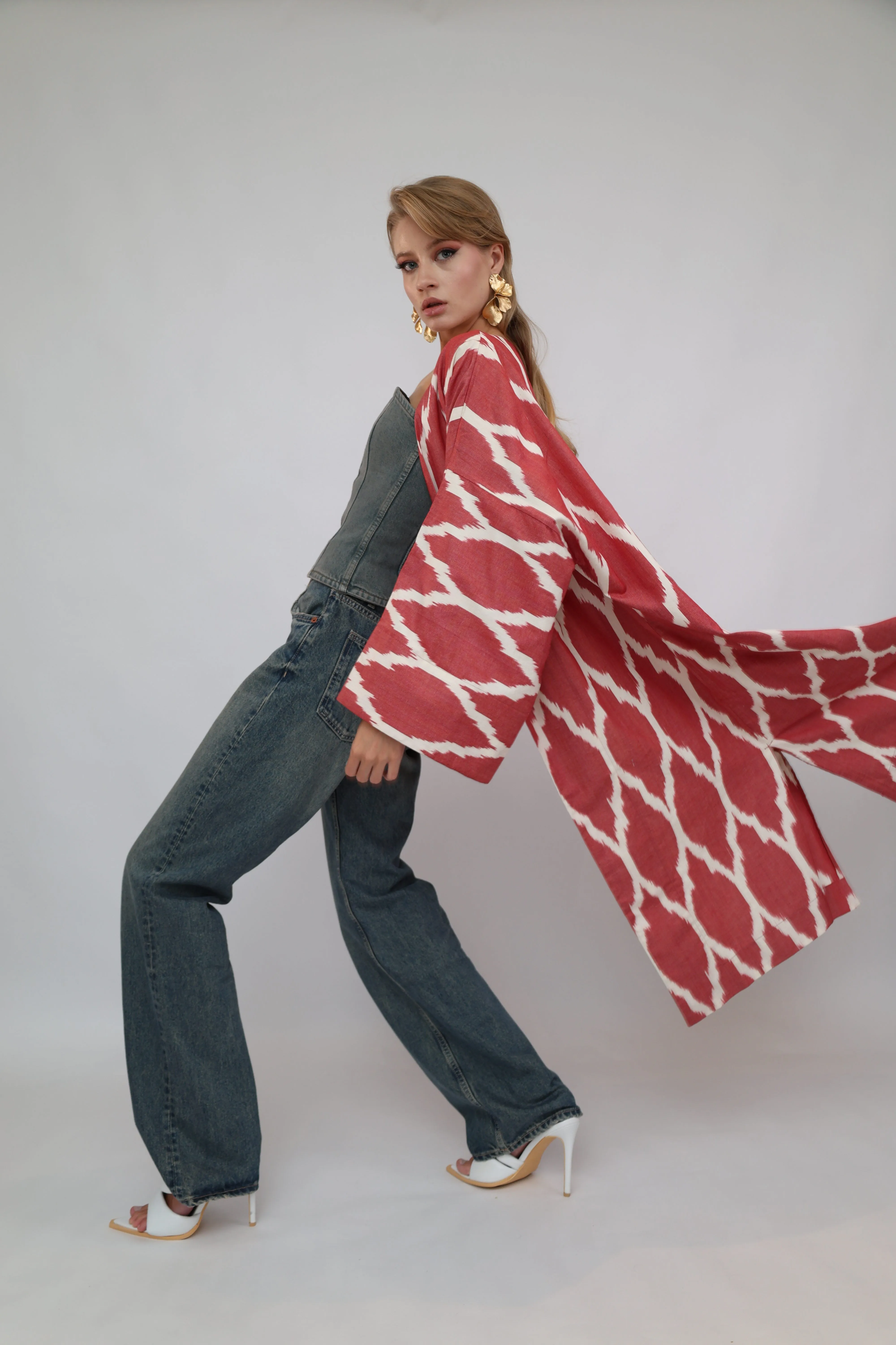 100% Cotton Red Maxi Ikat Kimono No Feathers