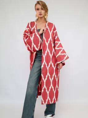 100% Cotton Red Maxi Ikat Kimono No Feathers