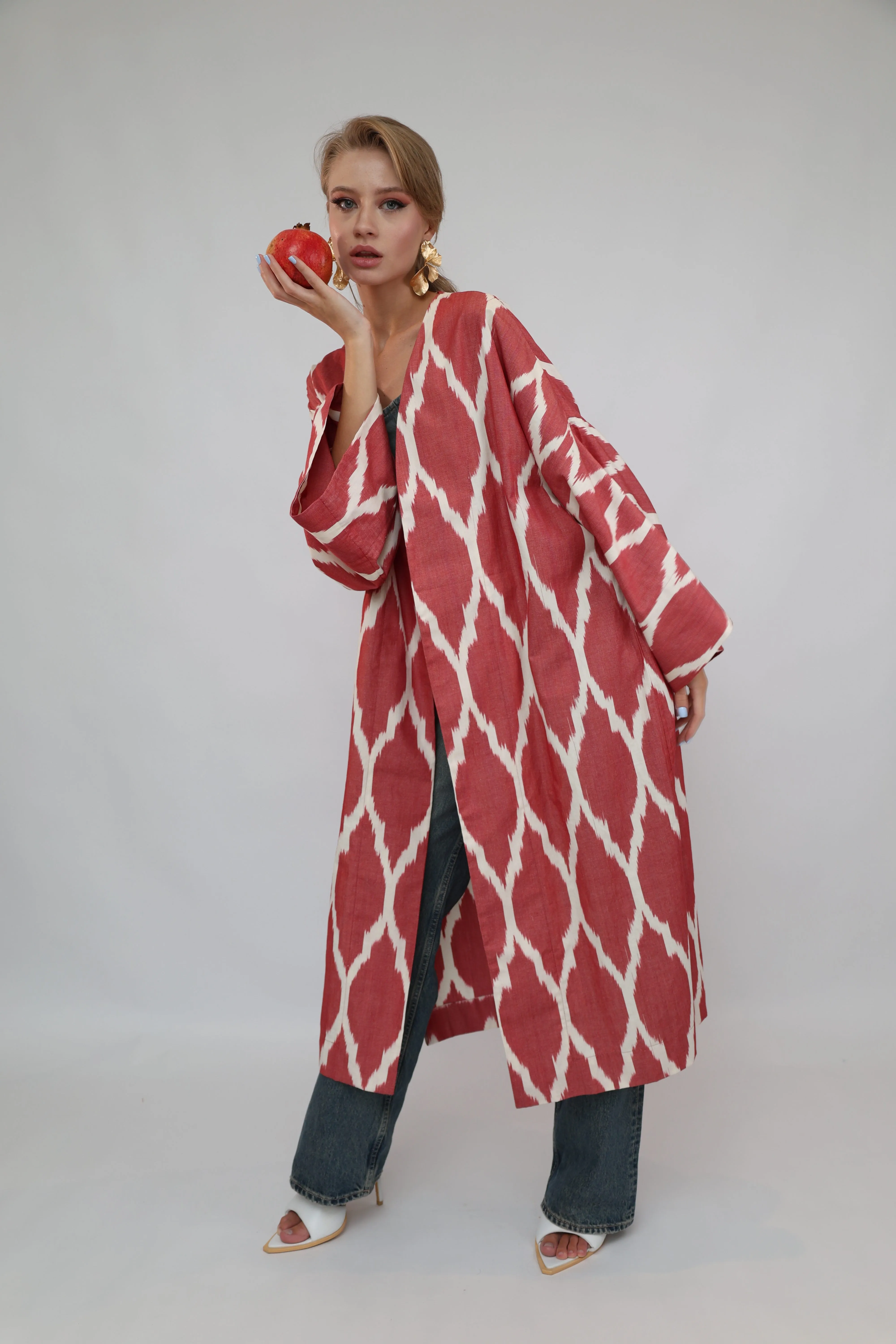 100% Cotton Red Maxi Ikat Kimono No Feathers