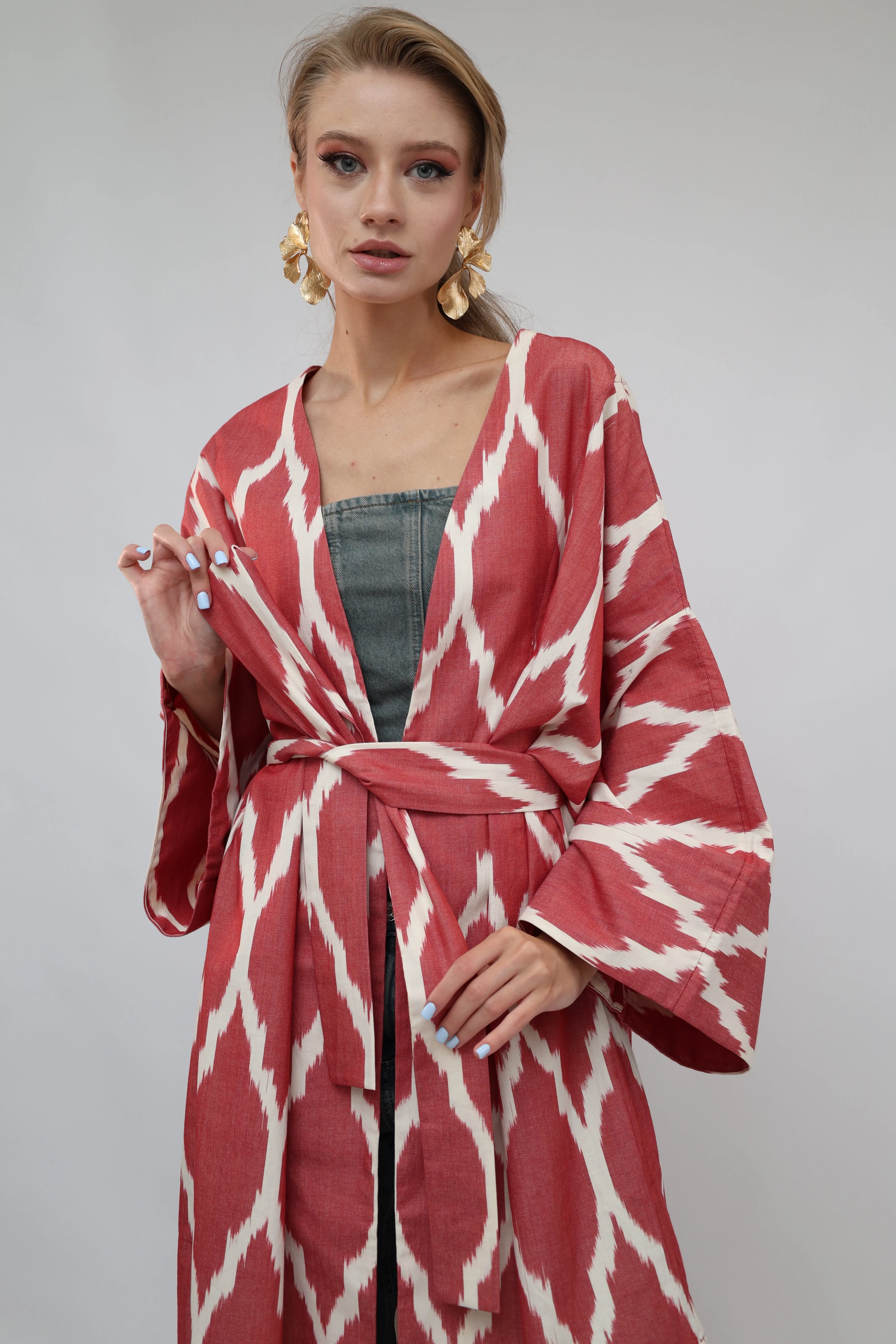 100% Cotton Red Maxi Ikat Kimono No Feathers