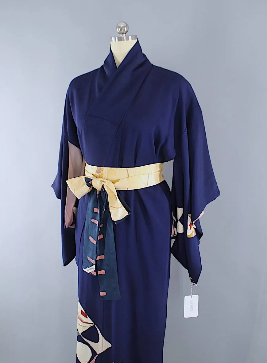 1940s Vintage Silk Kimono Robe / Navy Blue Art Deco