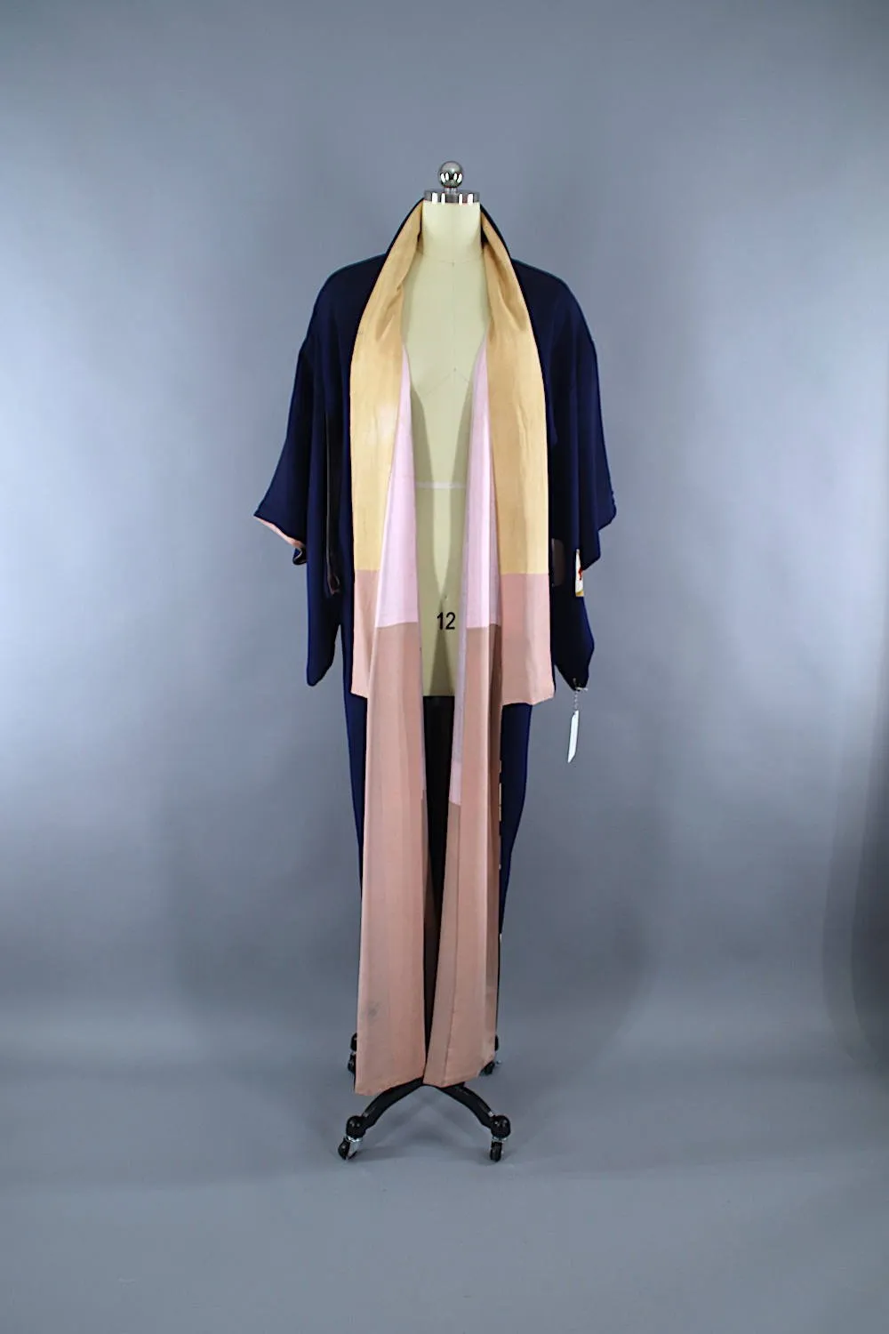 1940s Vintage Silk Kimono Robe / Navy Blue Art Deco