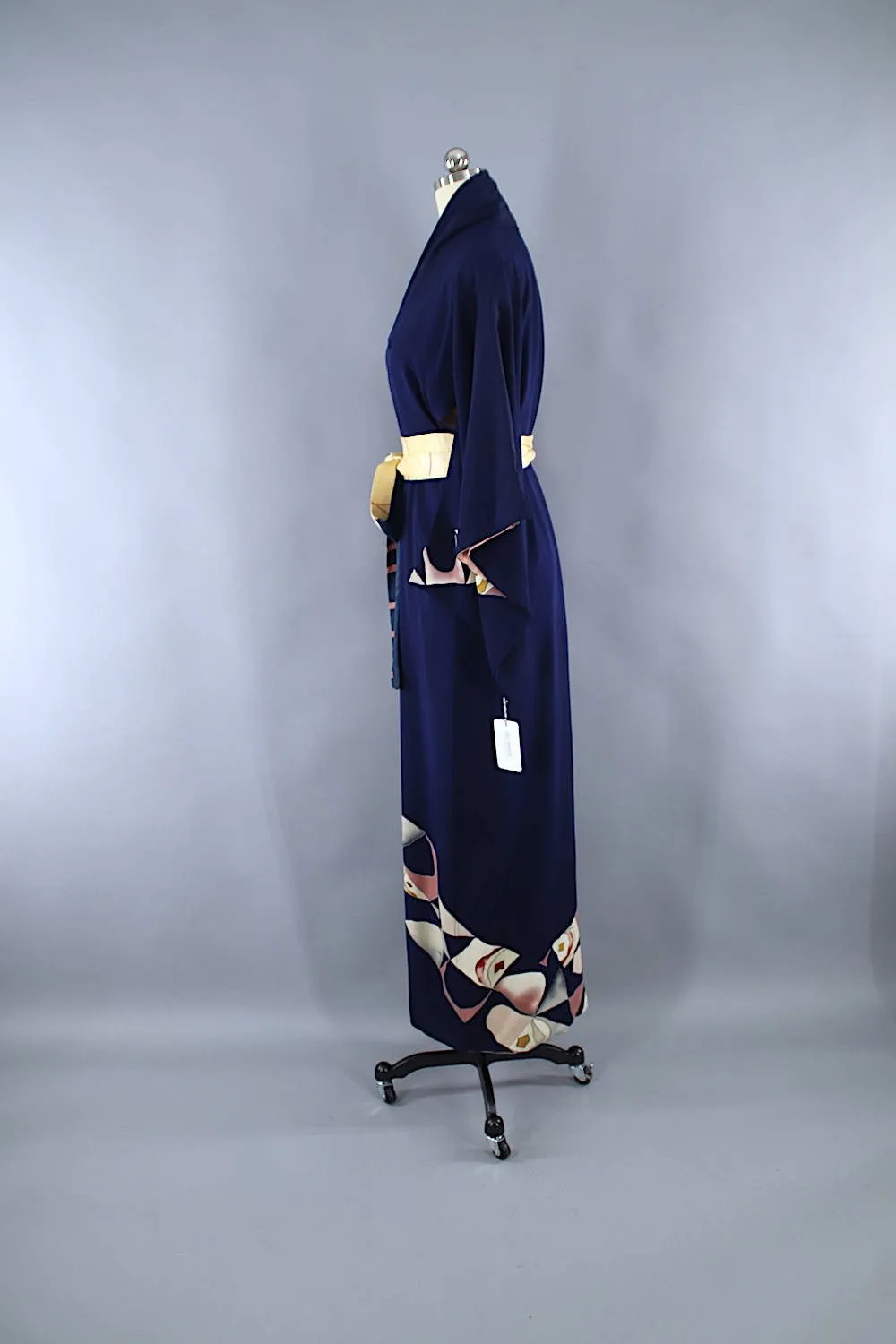 1940s Vintage Silk Kimono Robe / Navy Blue Art Deco