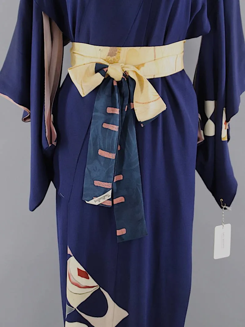 1940s Vintage Silk Kimono Robe / Navy Blue Art Deco