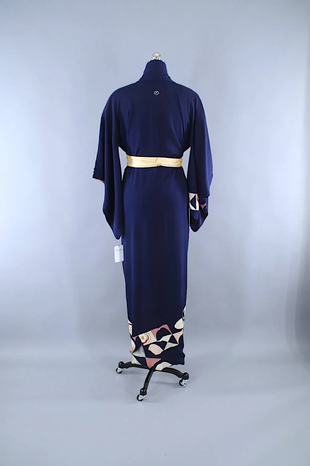 1940s Vintage Silk Kimono Robe / Navy Blue Art Deco