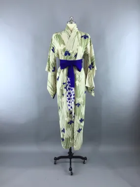 1950s Vintage Silk Kimono Robe in Green and Blue Iris Floral Print