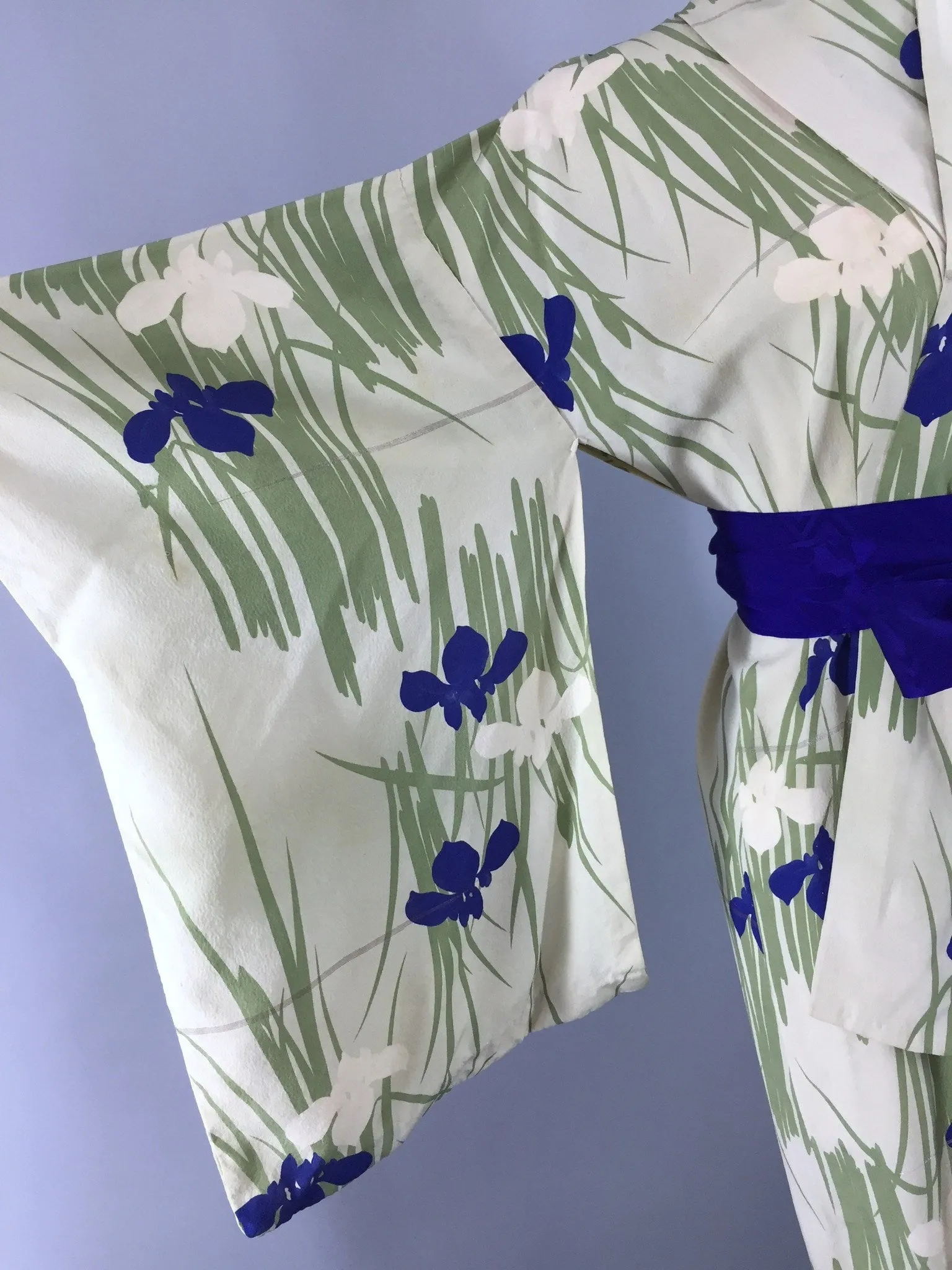 1950s Vintage Silk Kimono Robe in Green and Blue Iris Floral Print