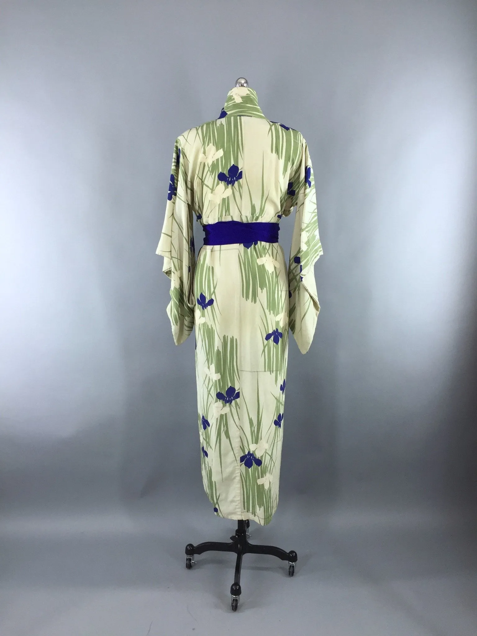 1950s Vintage Silk Kimono Robe in Green and Blue Iris Floral Print