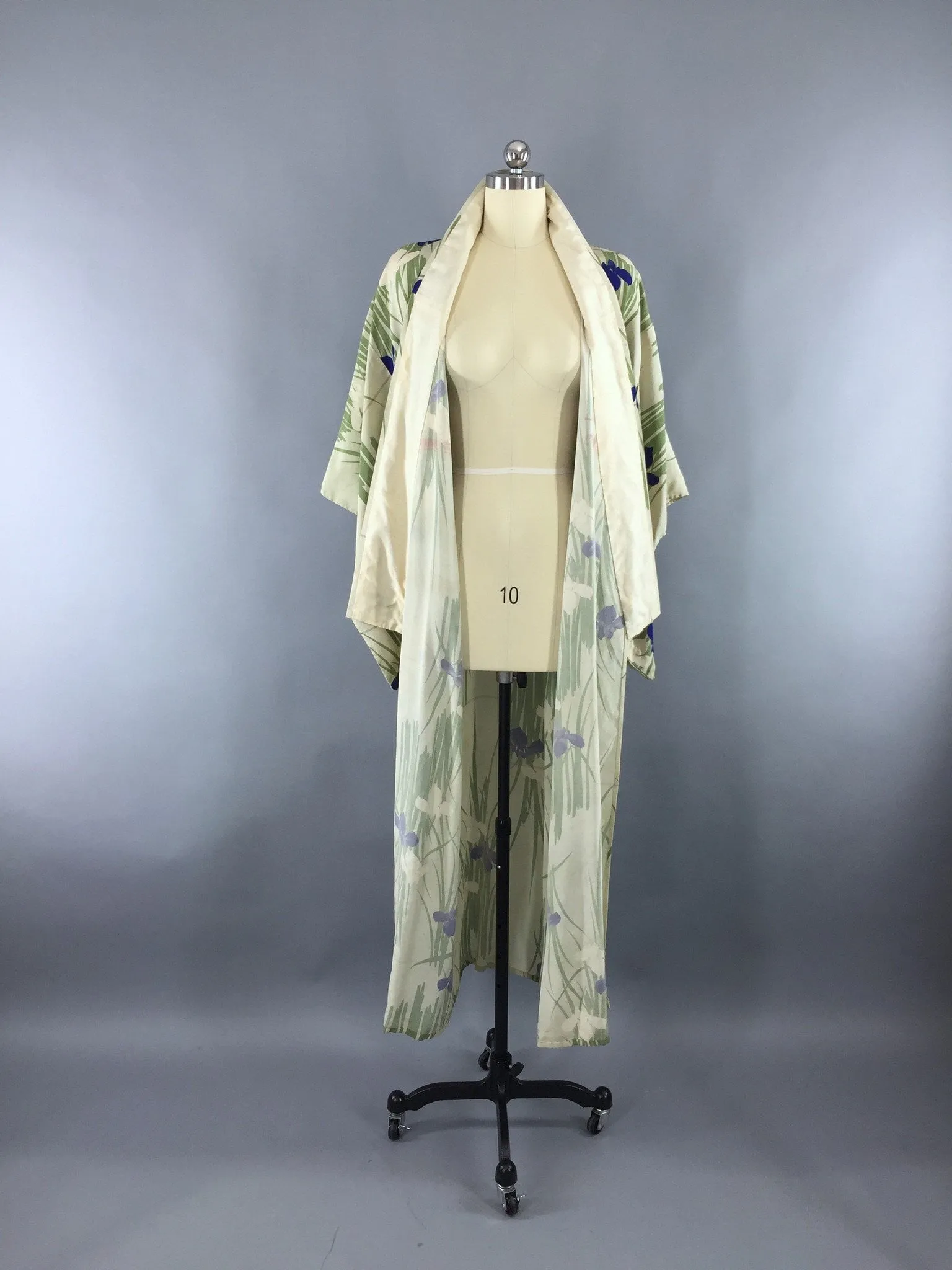 1950s Vintage Silk Kimono Robe in Green and Blue Iris Floral Print