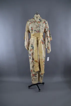 1950s Vintage Silk Kimono Robe / Ivory Metalic Floral OMESHI URUSHI Embroidery