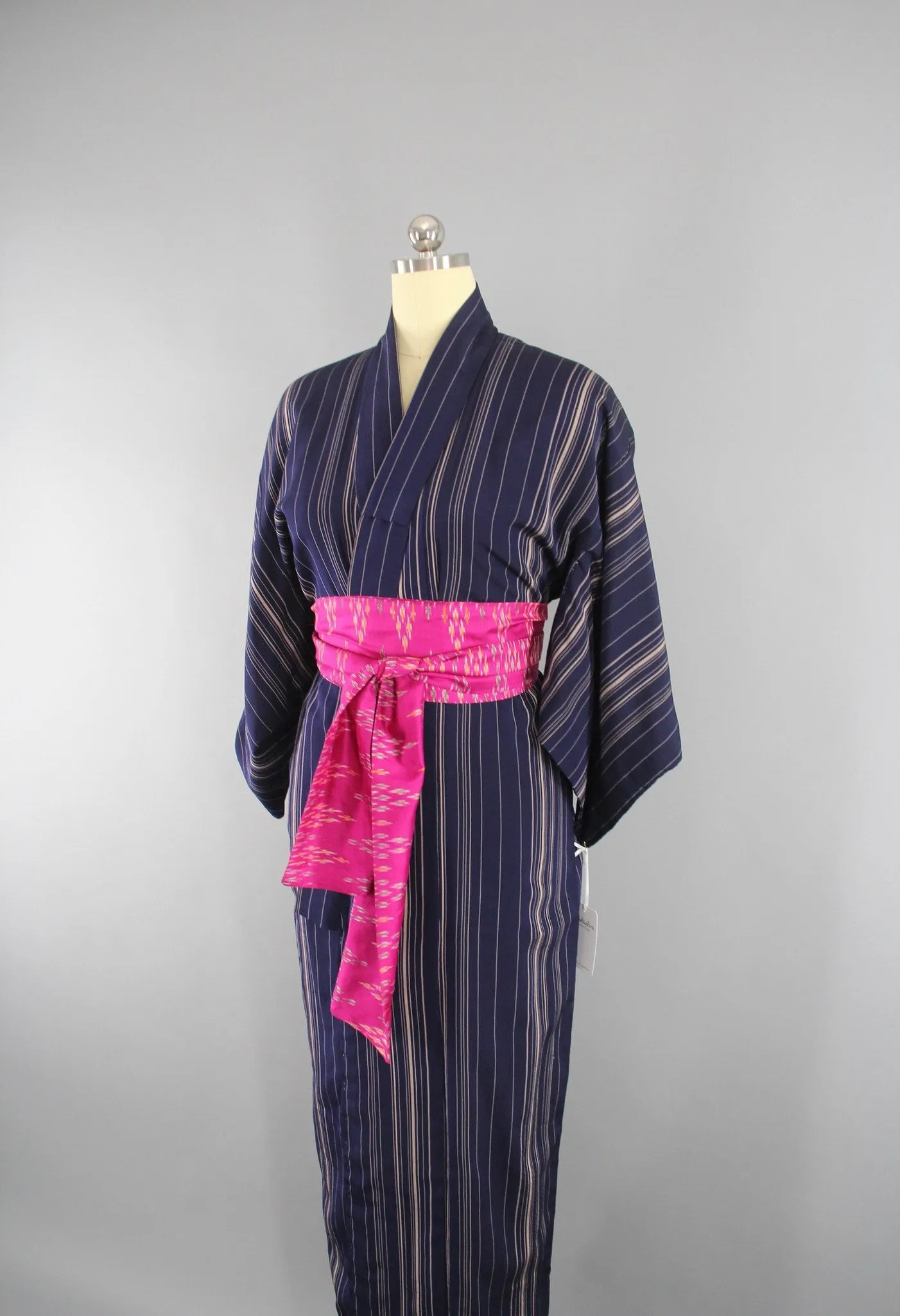 1950s Vintage Silk Kimono Robe with Blue Stripes