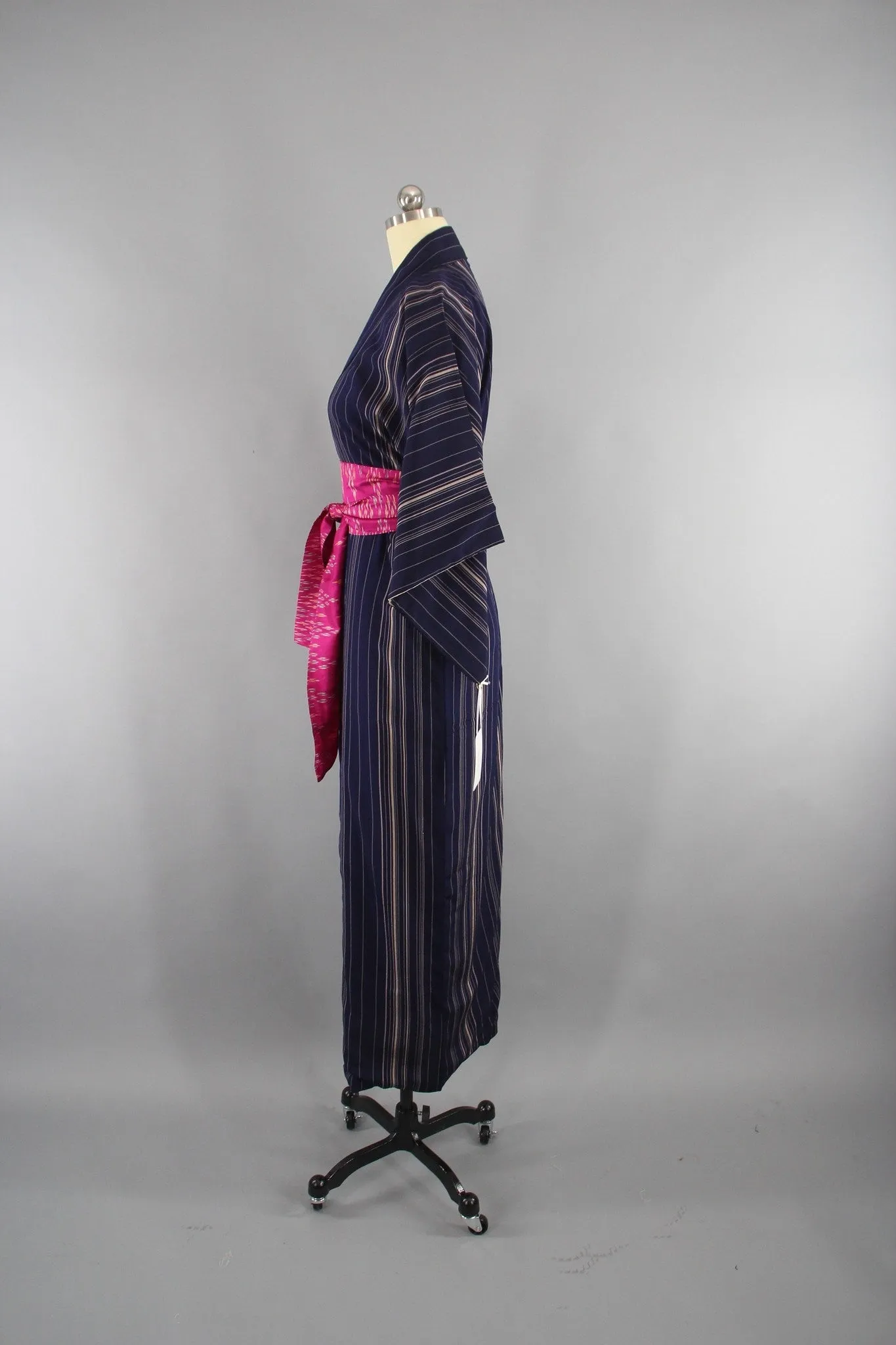 1950s Vintage Silk Kimono Robe with Blue Stripes