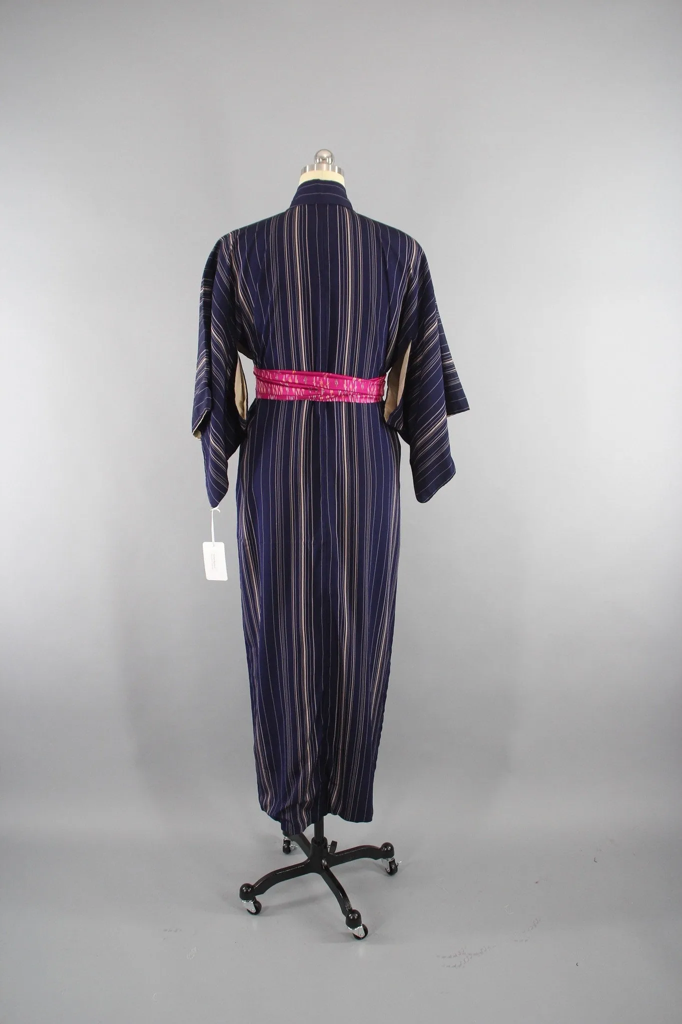 1950s Vintage Silk Kimono Robe with Blue Stripes