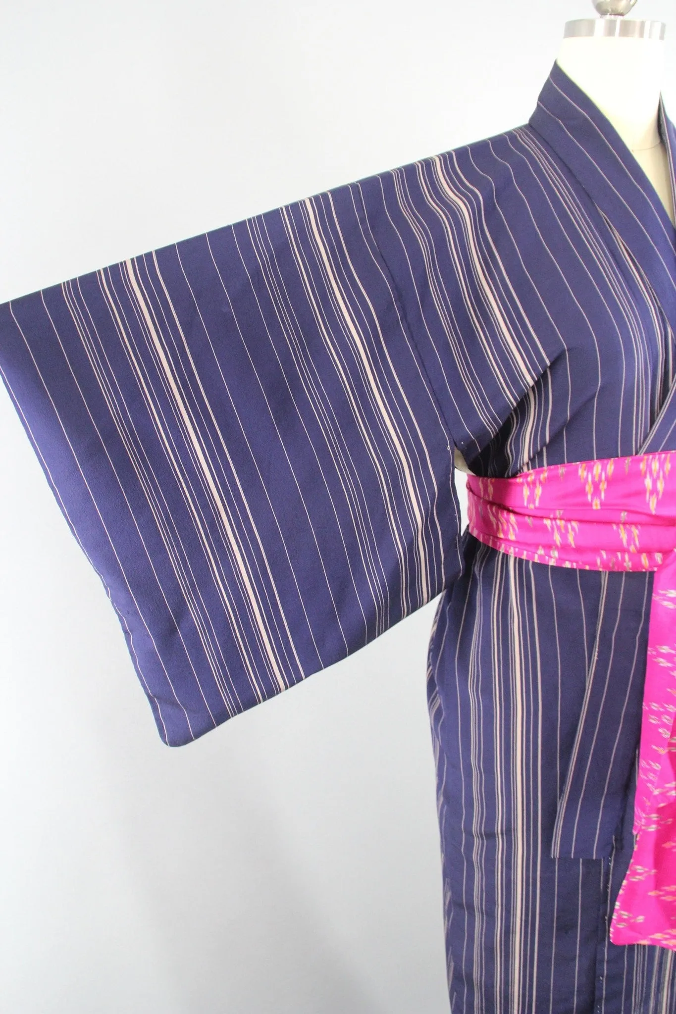 1950s Vintage Silk Kimono Robe with Blue Stripes