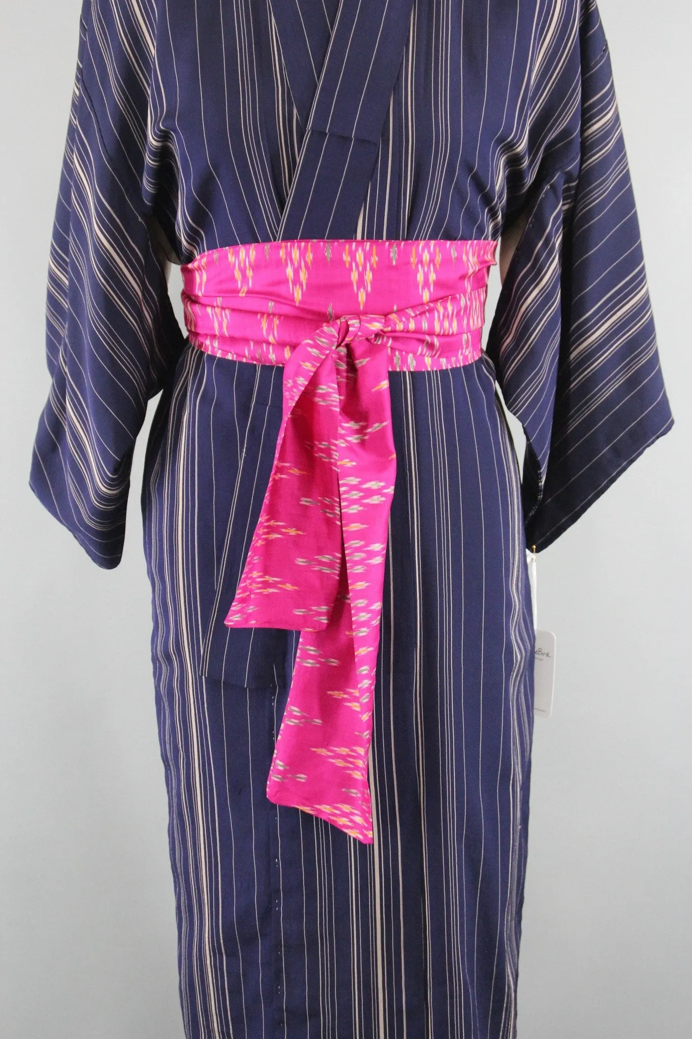 1950s Vintage Silk Kimono Robe with Blue Stripes