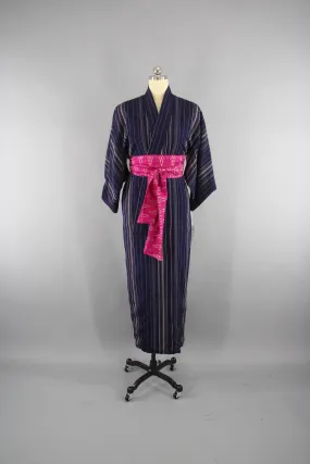 1950s Vintage Silk Kimono Robe with Blue Stripes