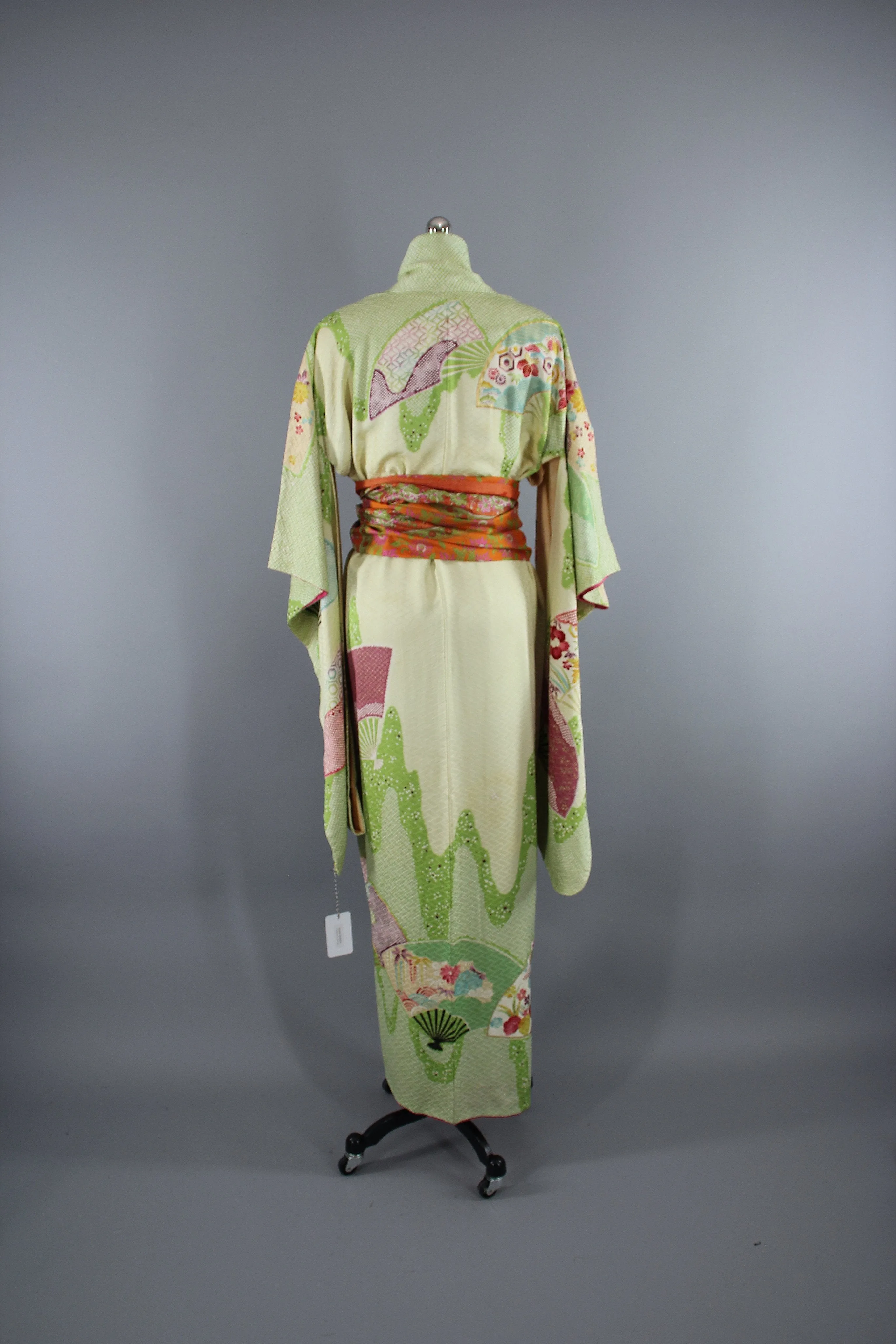 1960s Vintage Silk Kimono Robe / Green & Purple Shibori Furisode