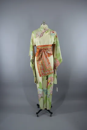 1960s Vintage Silk Kimono Robe / Green & Purple Shibori Furisode