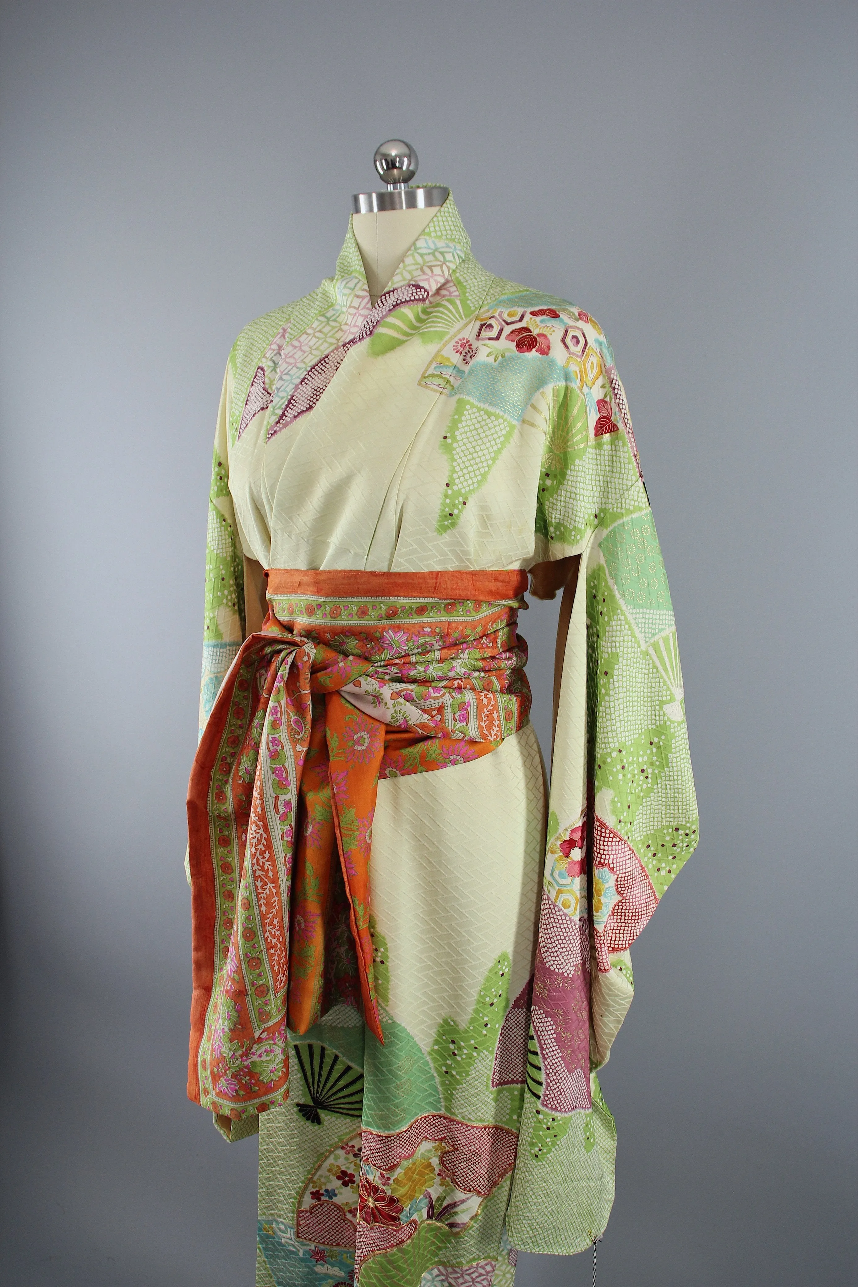 1960s Vintage Silk Kimono Robe / Green & Purple Shibori Furisode