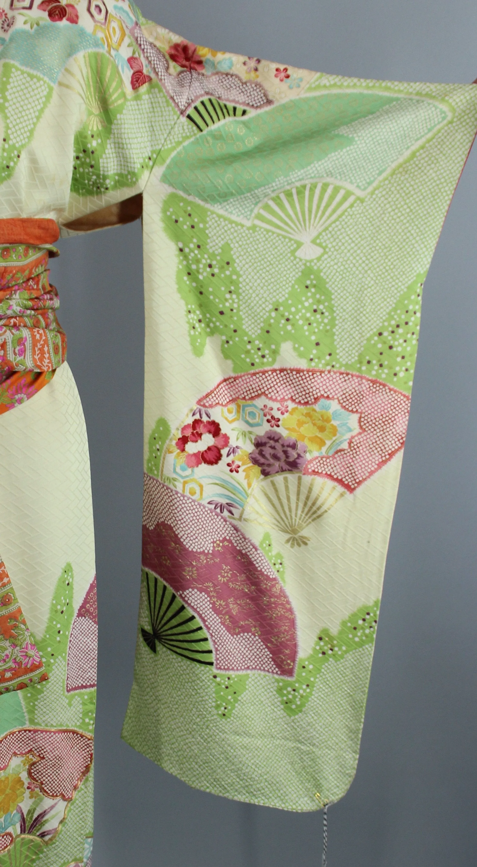 1960s Vintage Silk Kimono Robe / Green & Purple Shibori Furisode