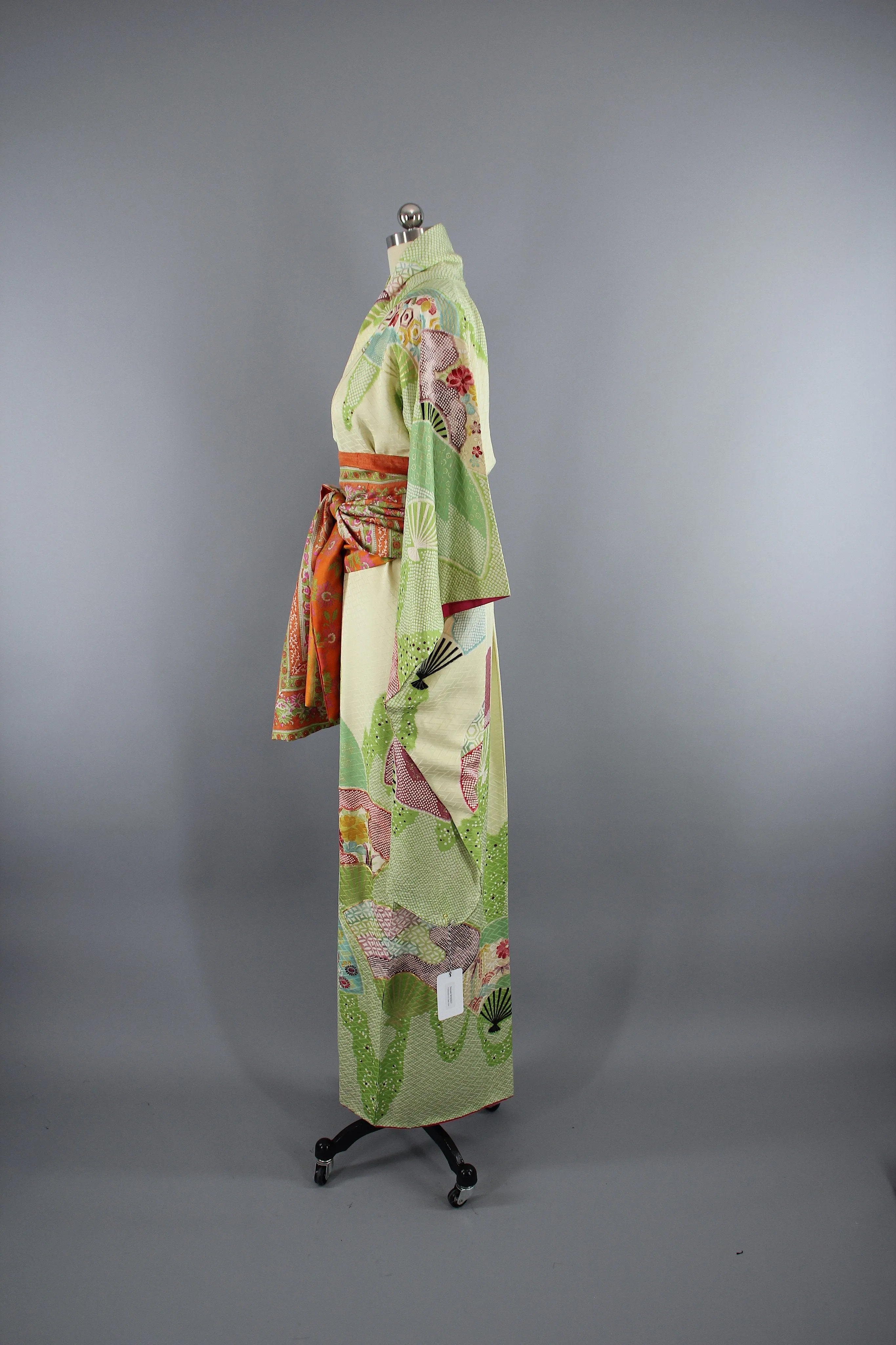 1960s Vintage Silk Kimono Robe / Green & Purple Shibori Furisode