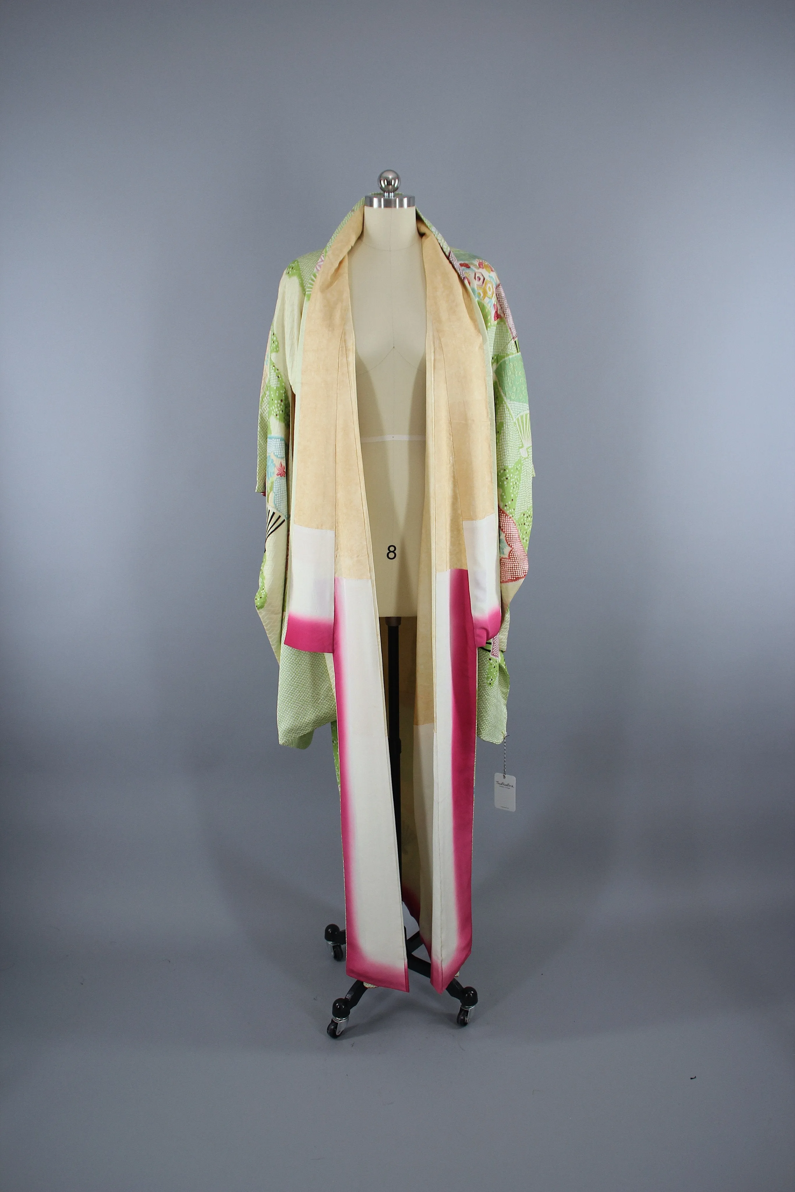 1960s Vintage Silk Kimono Robe / Green & Purple Shibori Furisode