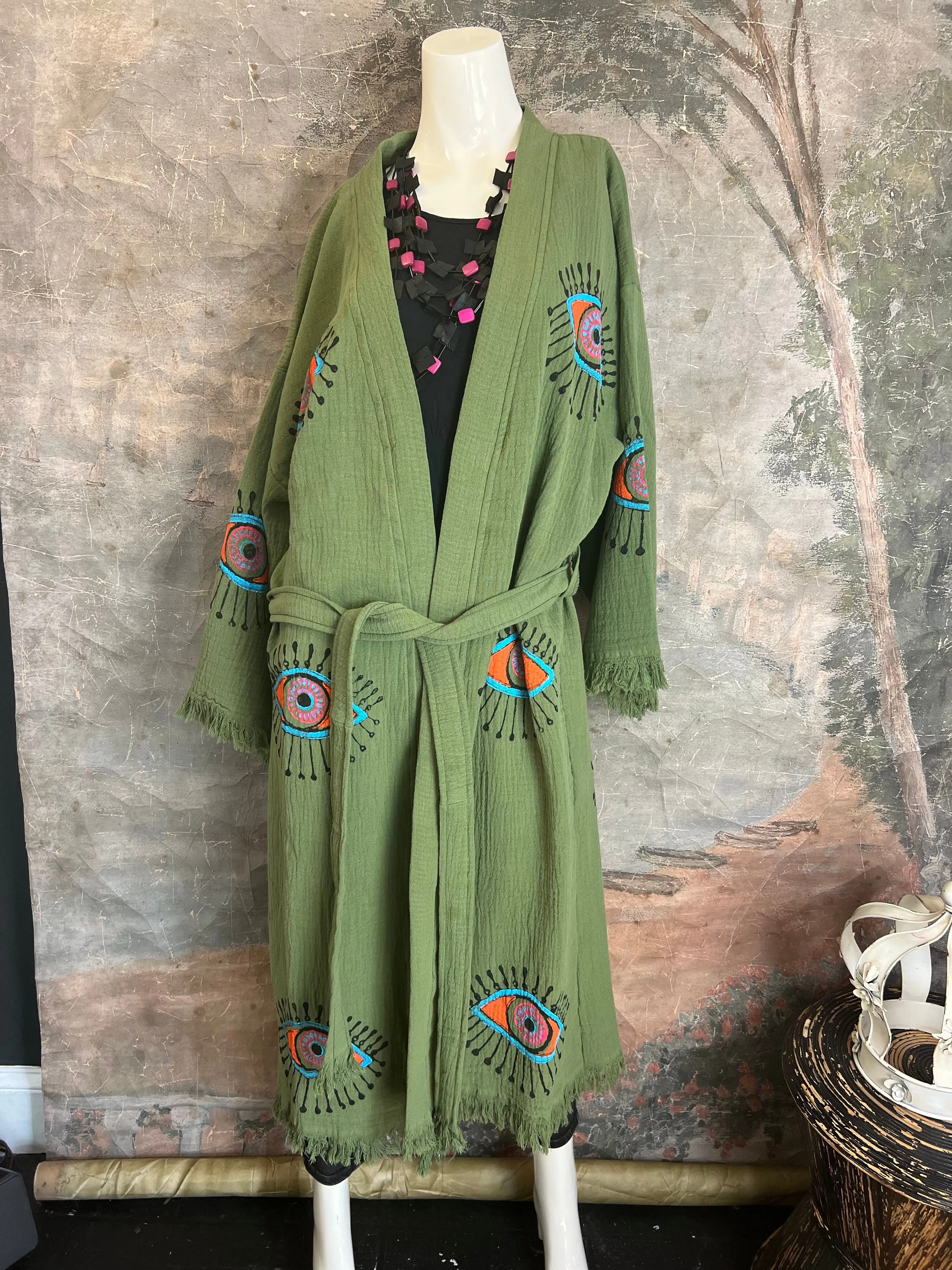 41023 Evil Eye Kimono Robe-Olive