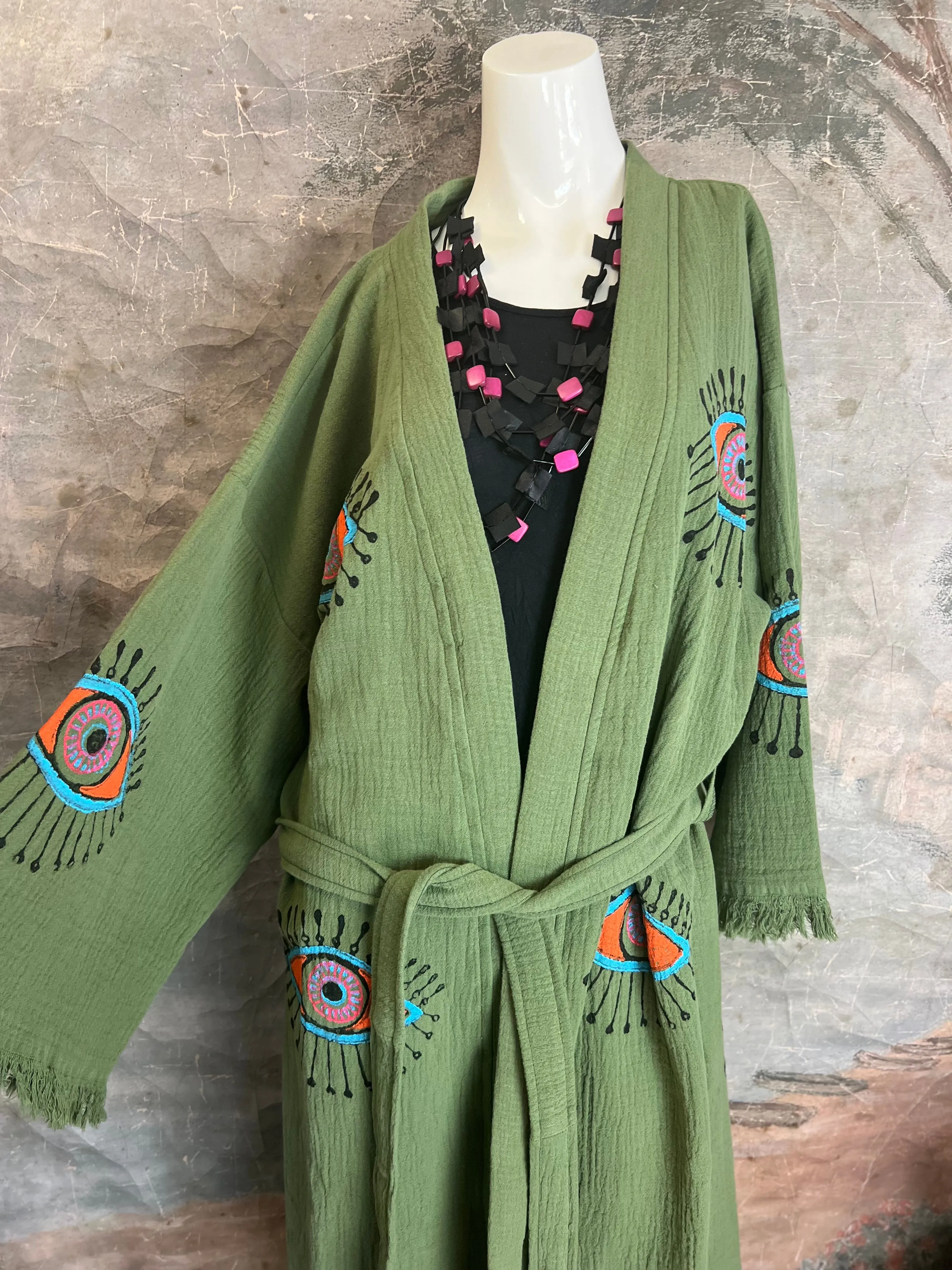 41023 Evil Eye Kimono Robe-Olive