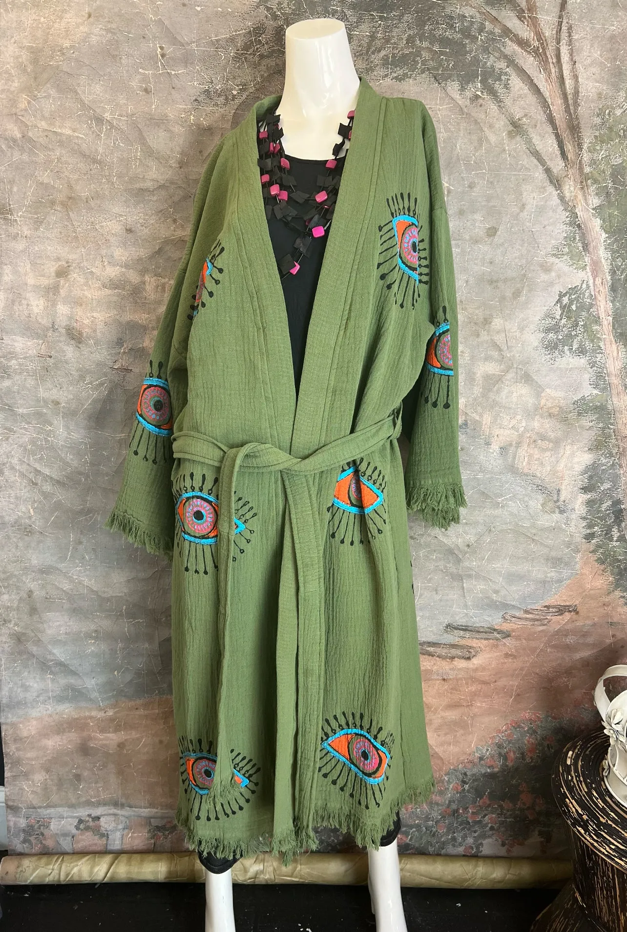 41023 Evil Eye Kimono Robe-Olive