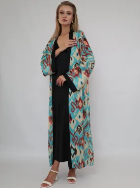 70% Silk Printed Ikat Lightweight Kimono "Ocean Sands"