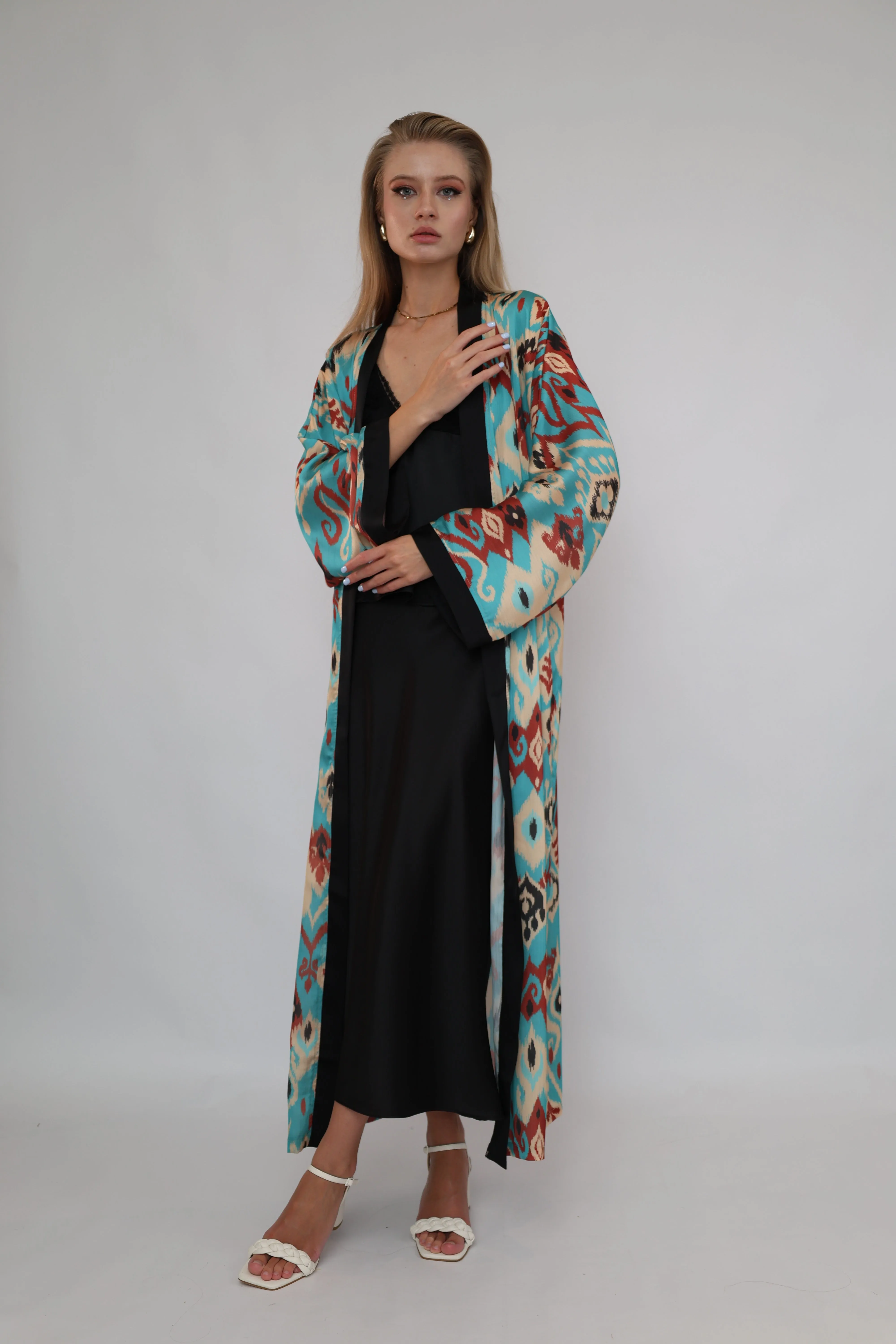 70% Silk Printed Ikat Lightweight Kimono "Ocean Sands"