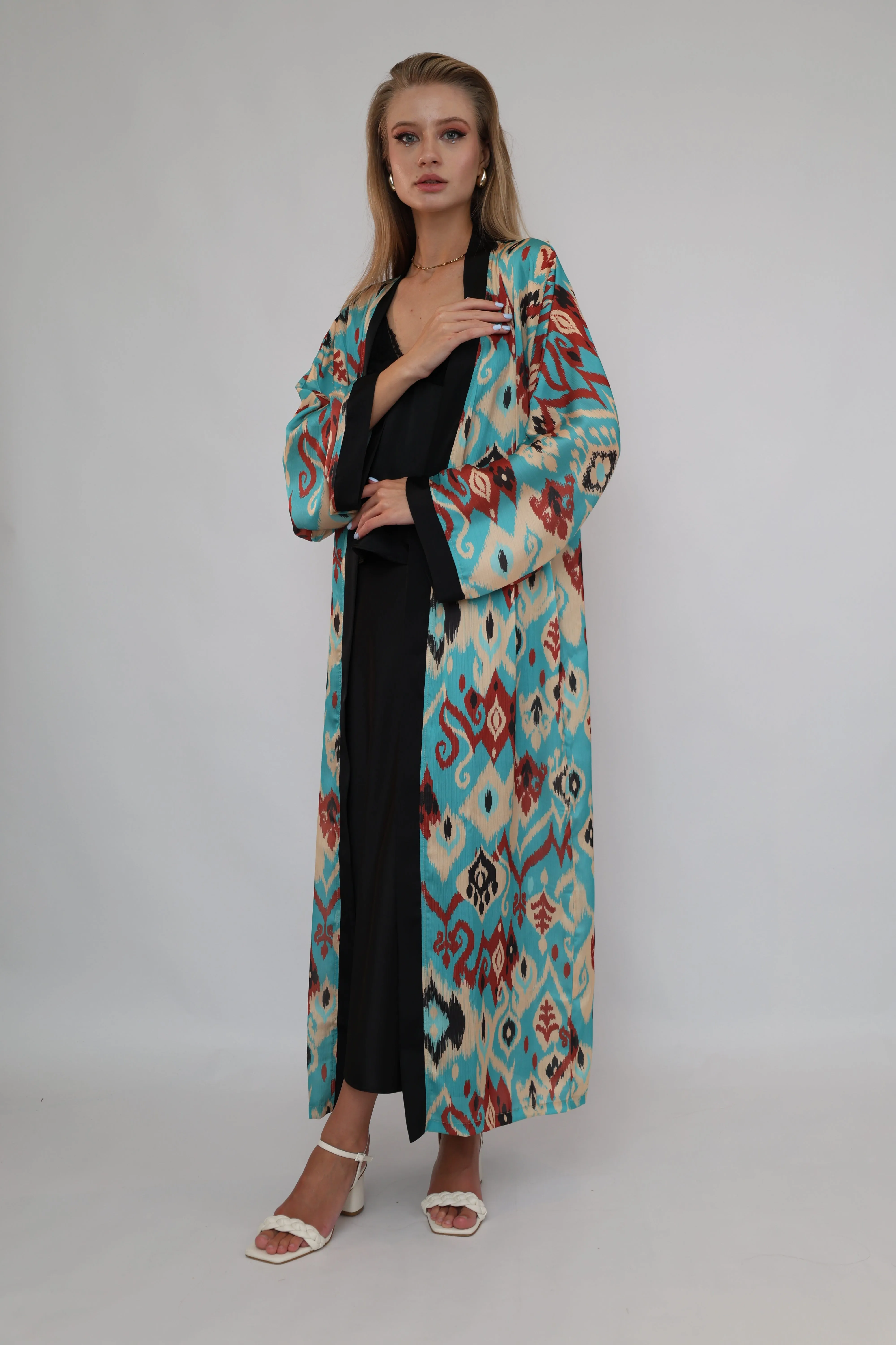 70% Silk Printed Ikat Lightweight Kimono "Ocean Sands"