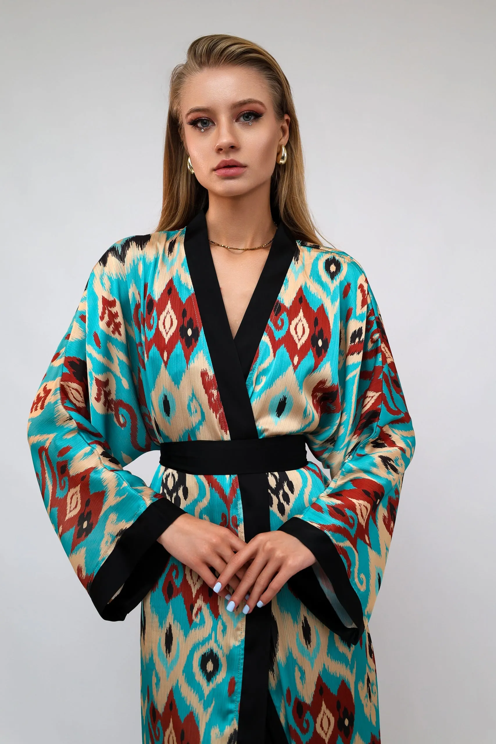 70% Silk Printed Ikat Lightweight Kimono "Ocean Sands"