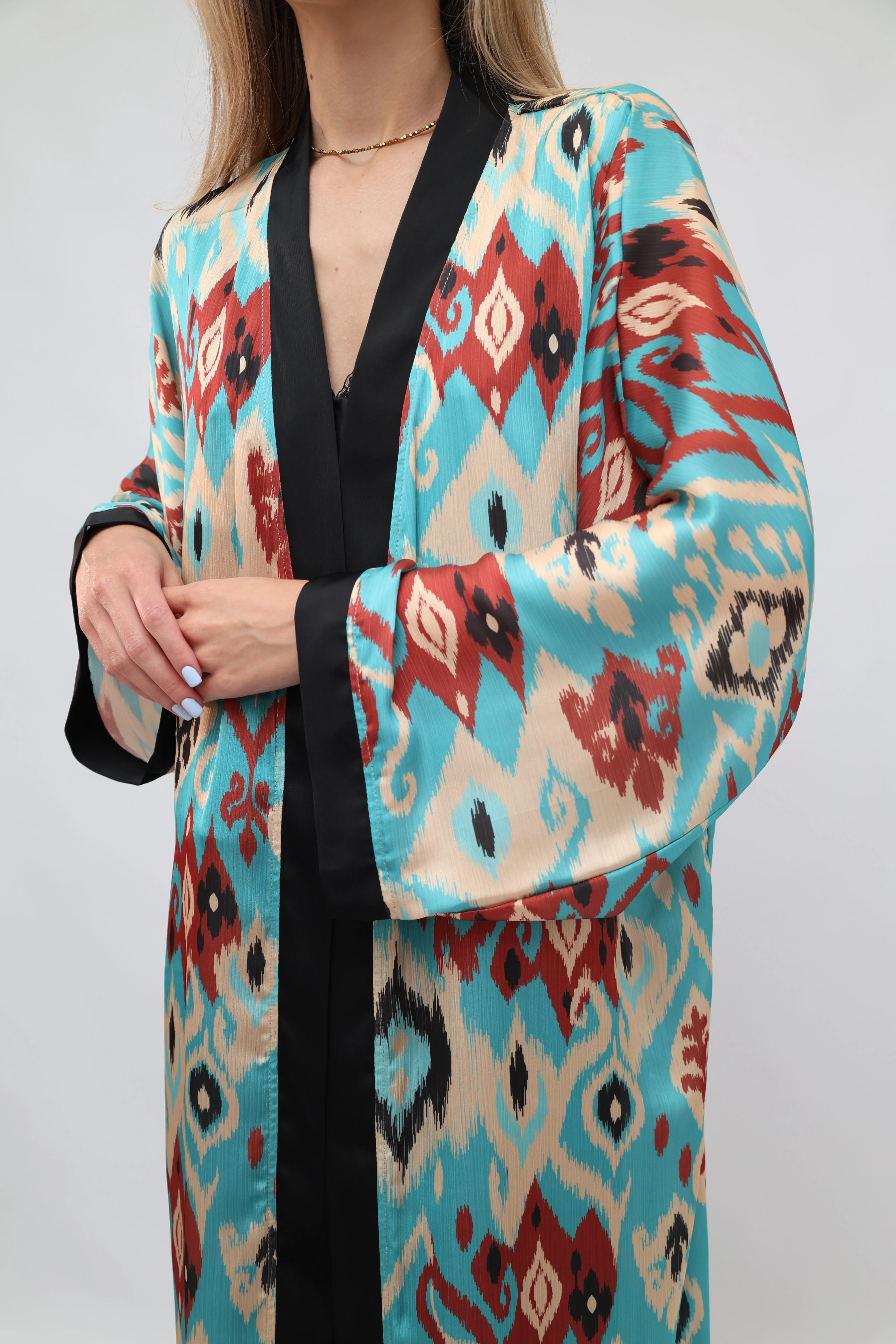 70% Silk Printed Ikat Lightweight Kimono "Ocean Sands"