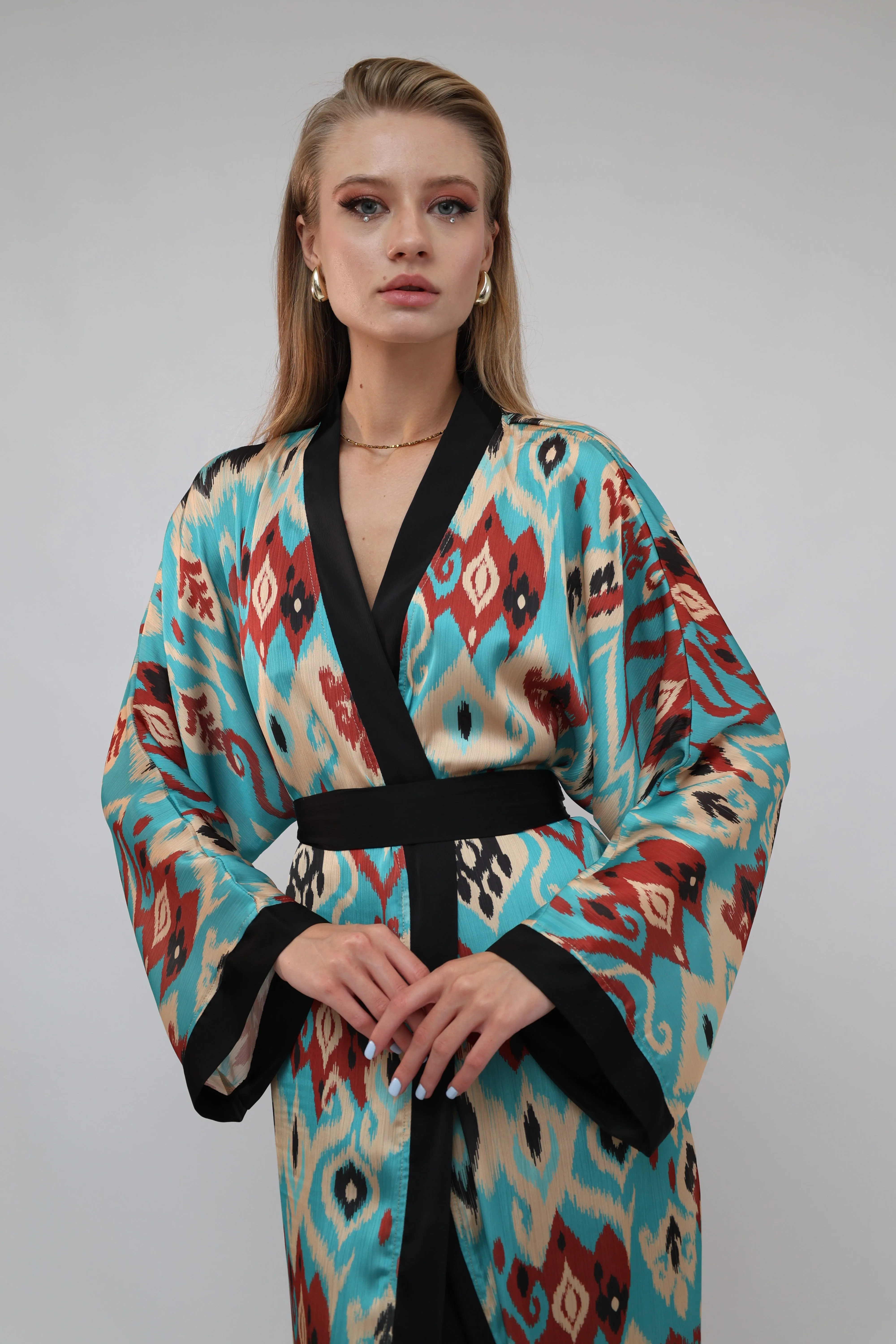 70% Silk Printed Ikat Lightweight Kimono "Ocean Sands"