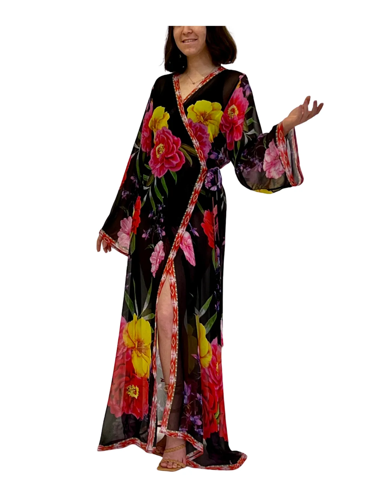 716 Floral Black Viscose Silk kimono