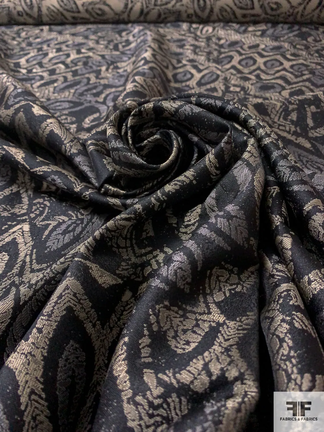 Abstract Leaf Pattern Brocade - Ecru / Grey / Black