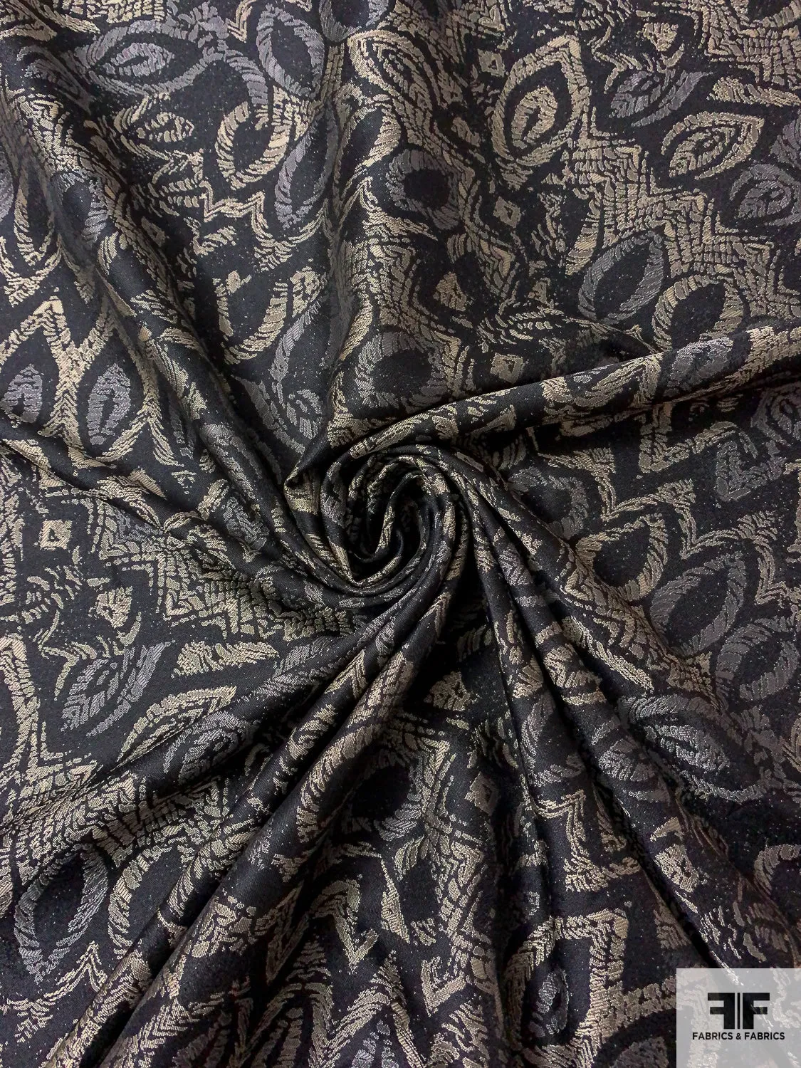 Abstract Leaf Pattern Brocade - Ecru / Grey / Black