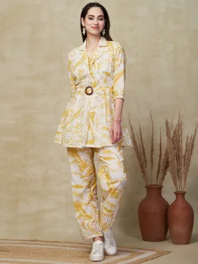 Abstract Printed & Schiffli Embroidered Top and Palazzo with Jacket - Yellow