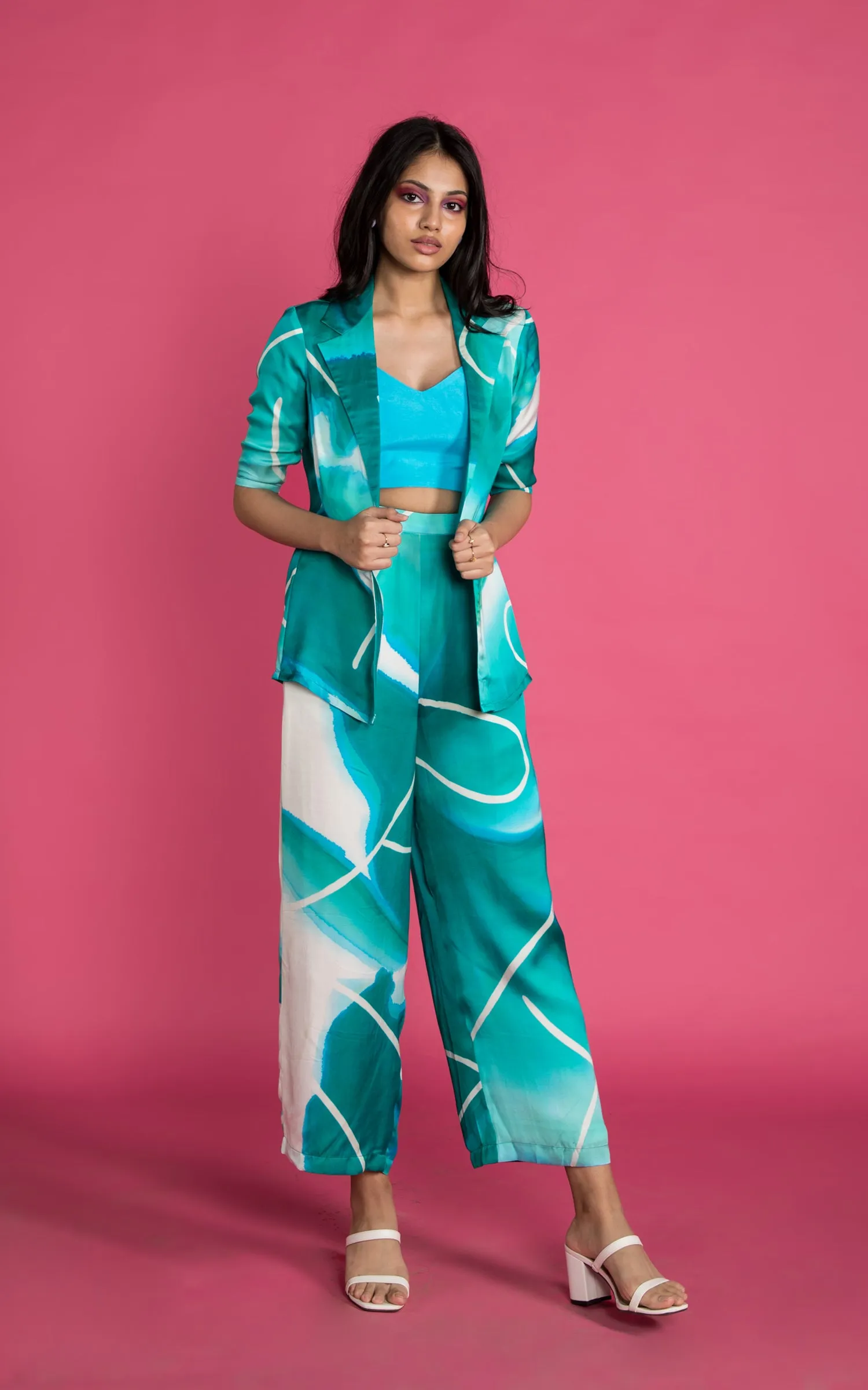 Abstract Printed Green Pant Suit Set