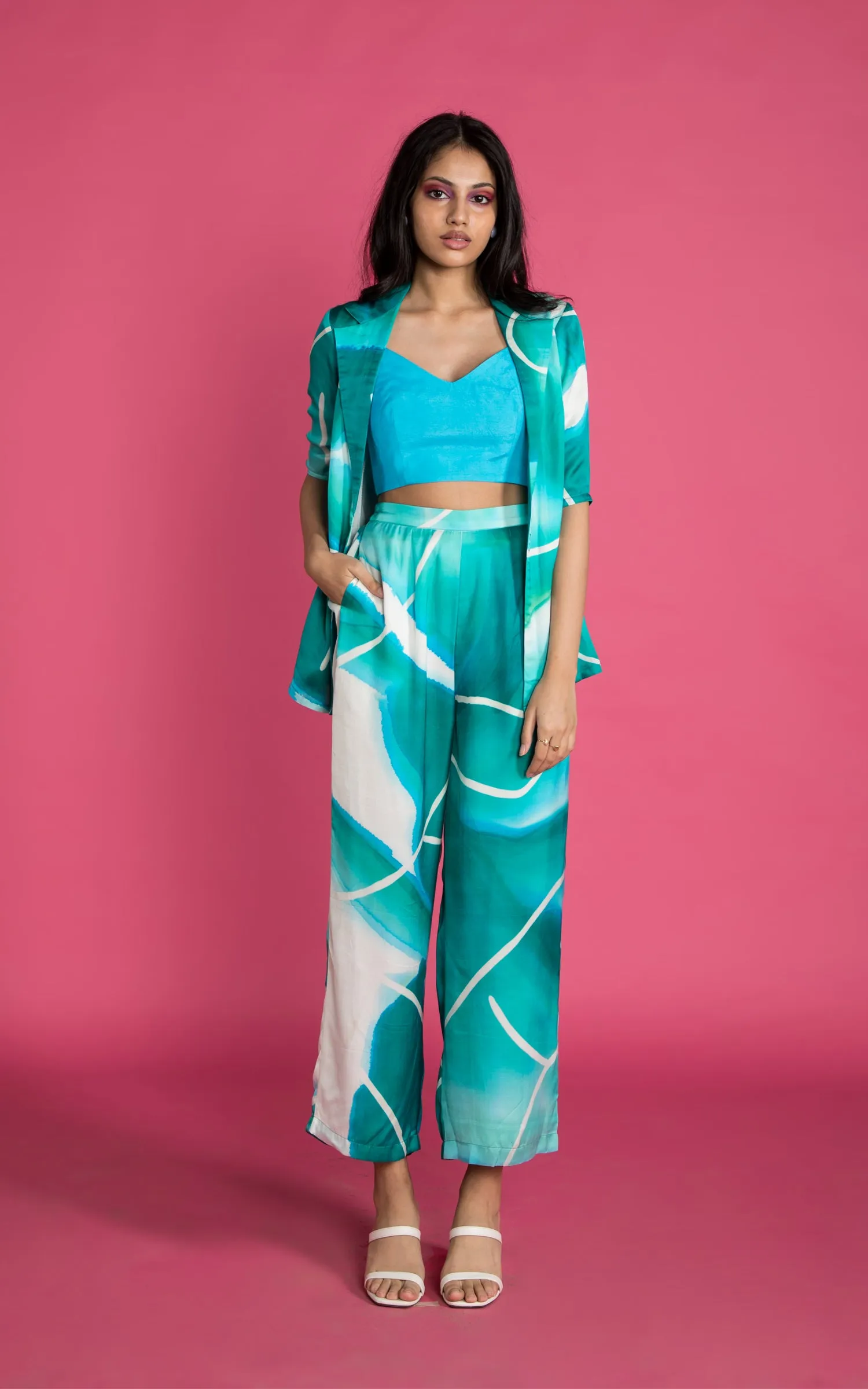 Abstract Printed Green Pant Suit Set